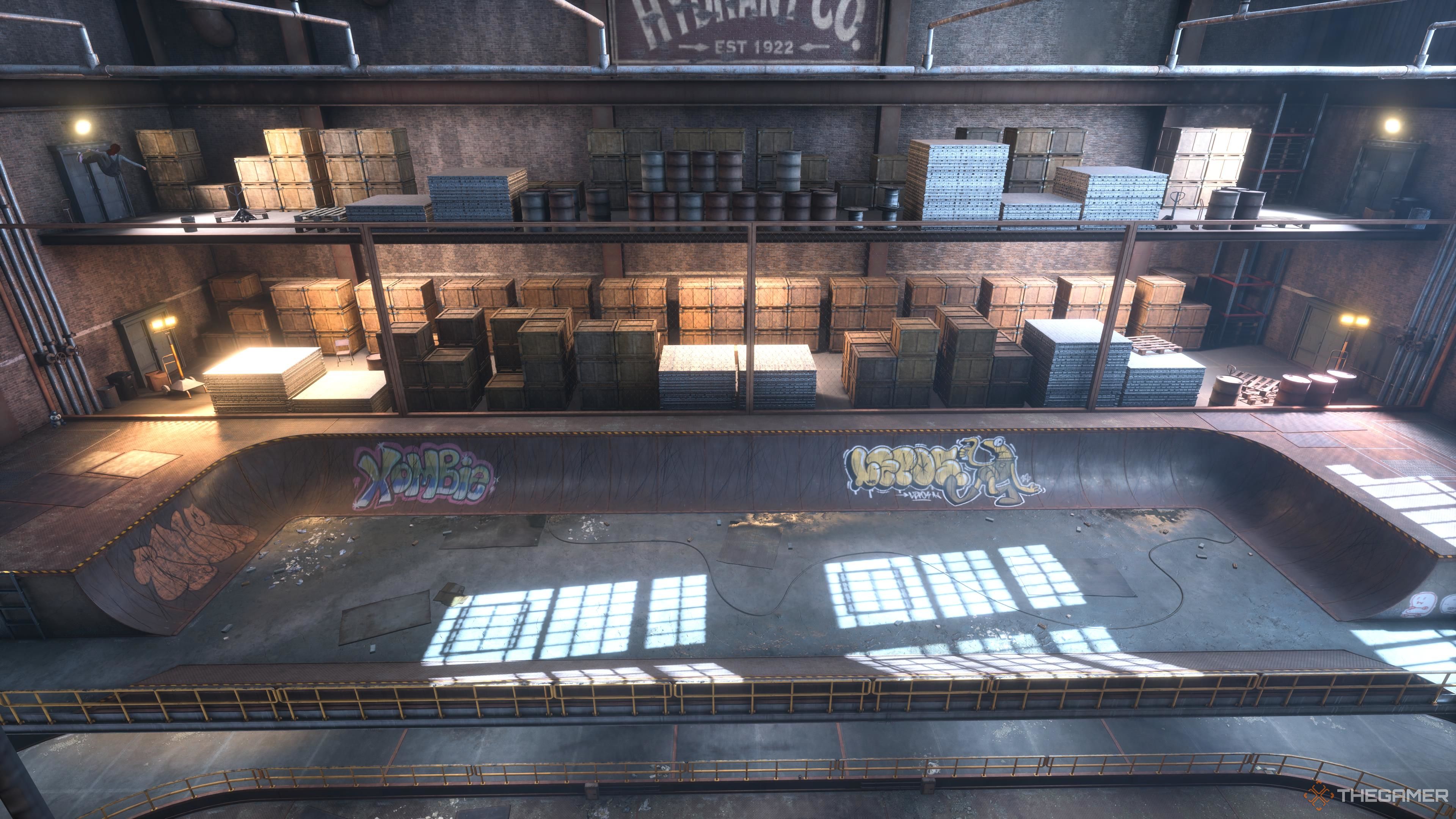 An aerial view of the halfpipe on the second floor of the Foundry in Tony Hawk's Pro Skater 3 + 4.