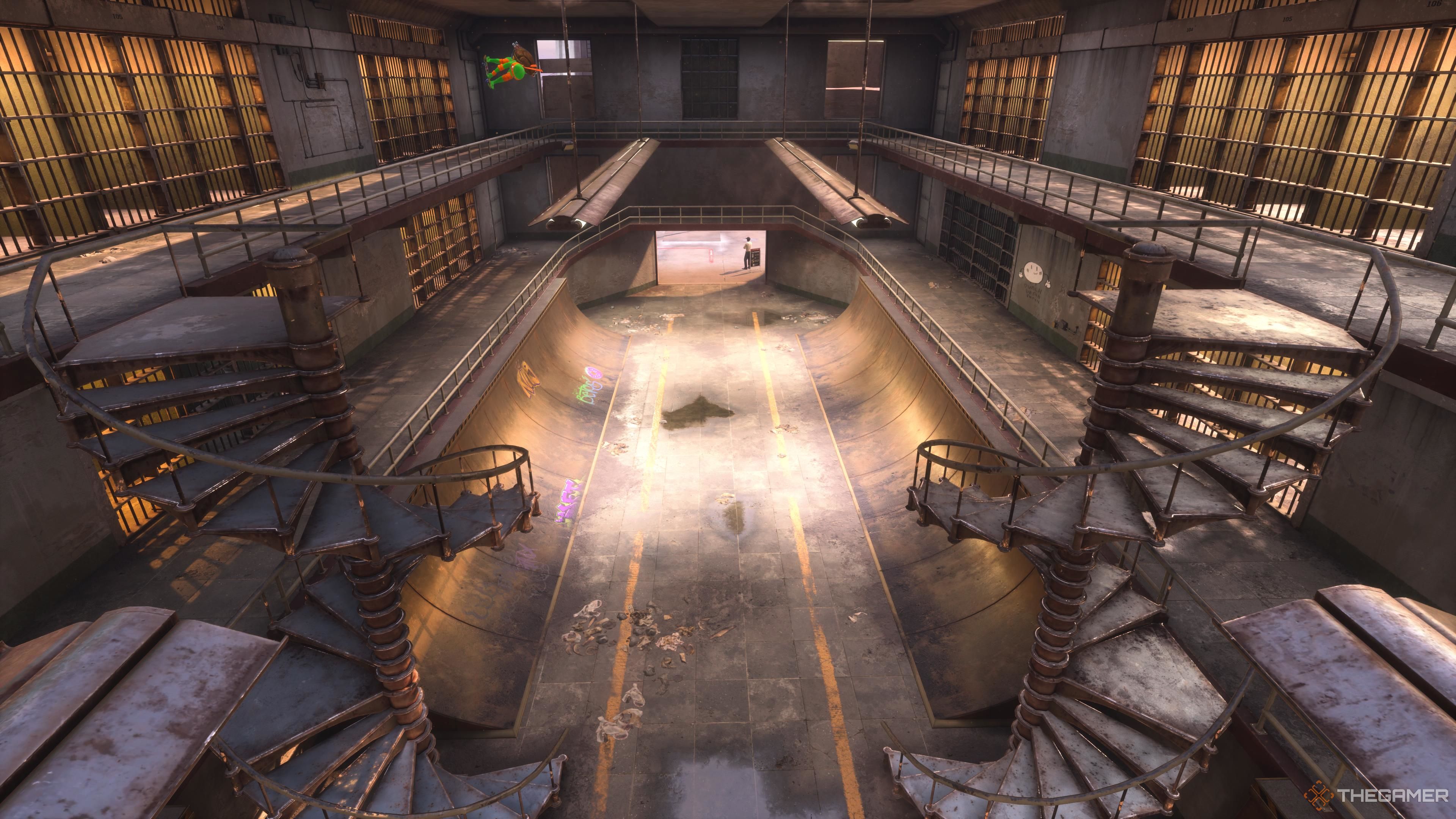 An aerial view of the inside of Alcatraz in Tony Hawk's Pro Skater 3 + 4.