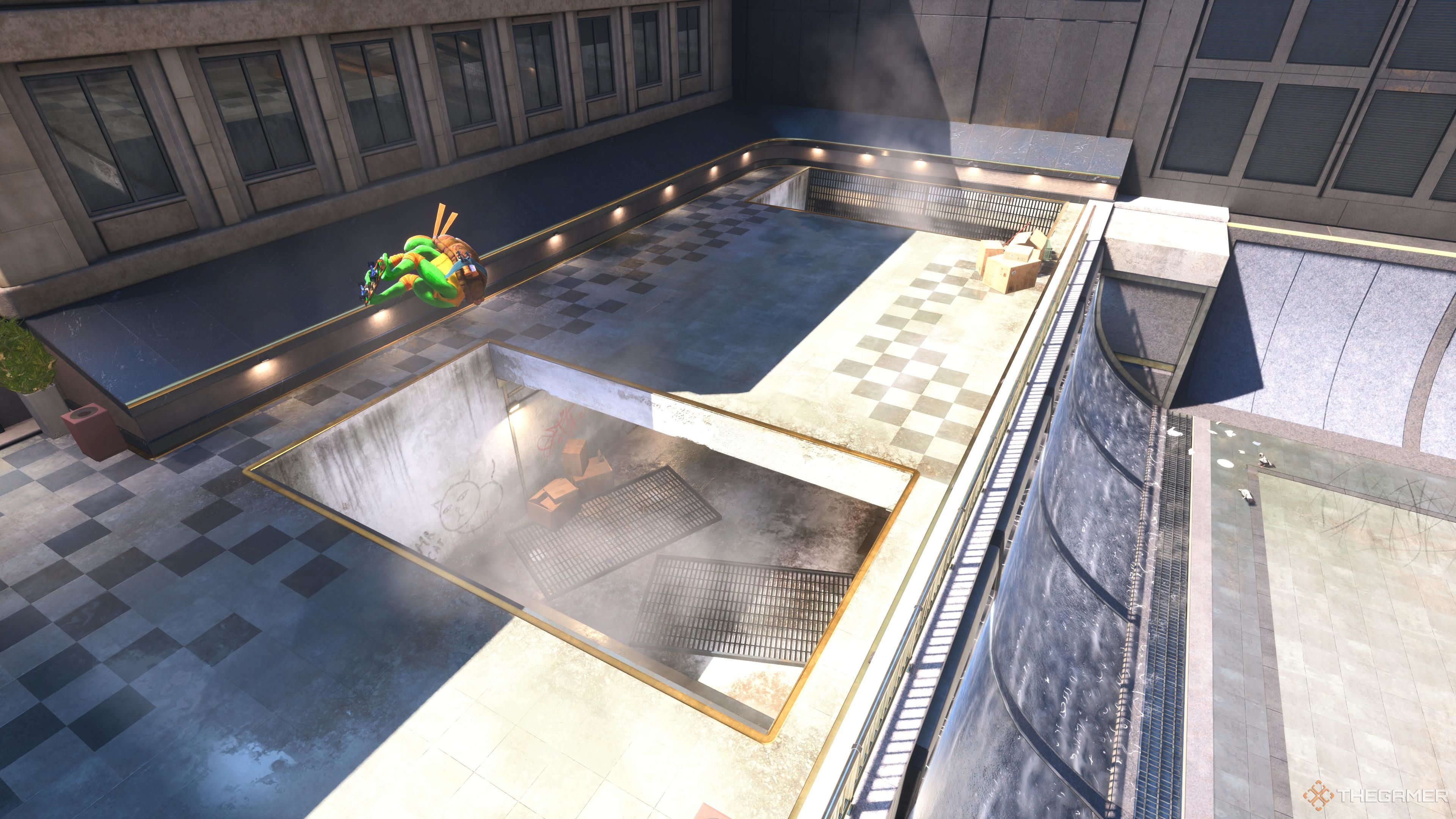 An aerial view of the underground Los Angeles halfpipe in Tony Hawk's Pro Skater 3 + 4.