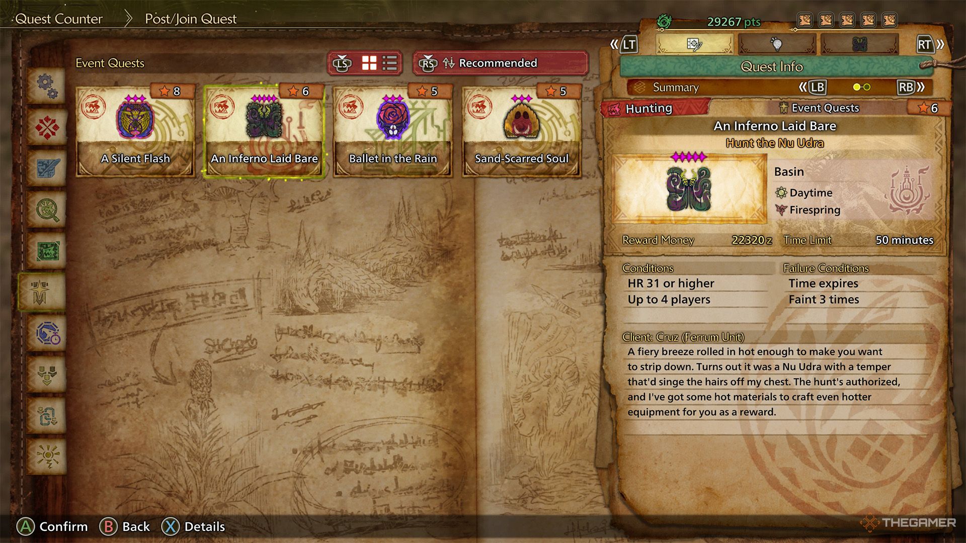 The quest details for the An Inferno Laid Bare event quest in Monster Hunter Wilds.