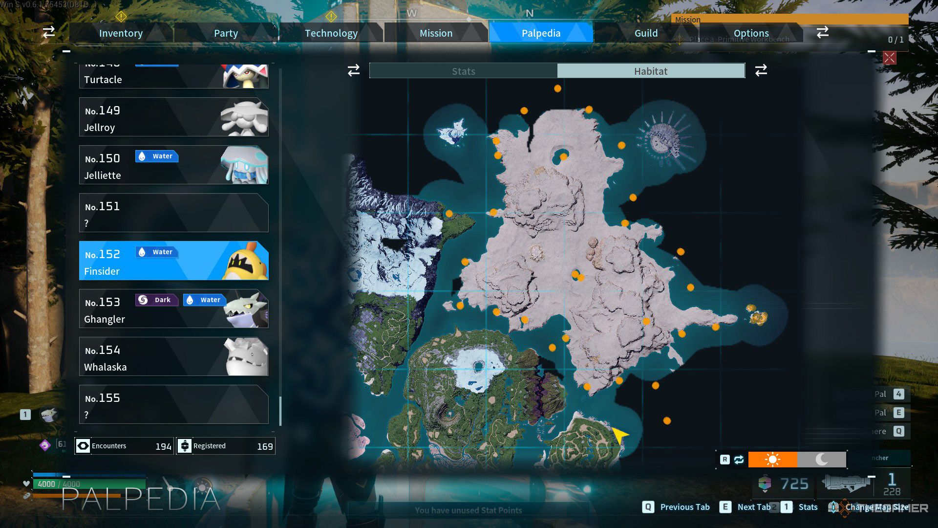 An orange circle shows the spawning location of Finsider, Dessicated Desert in Palworld.