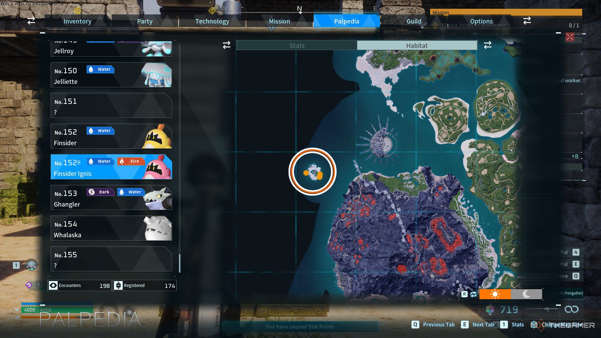 An orange circle shows the spawning location of Finsider Ignis, Phantom Isle in Palworld.