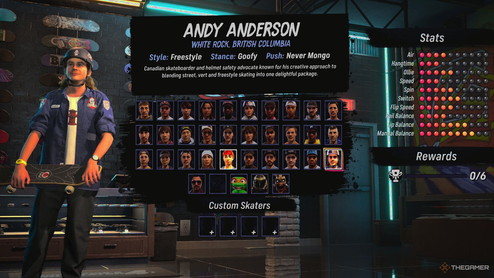 Andy Anderson's stat screen in Tony Hawk's Pro Skater 3 + 4.