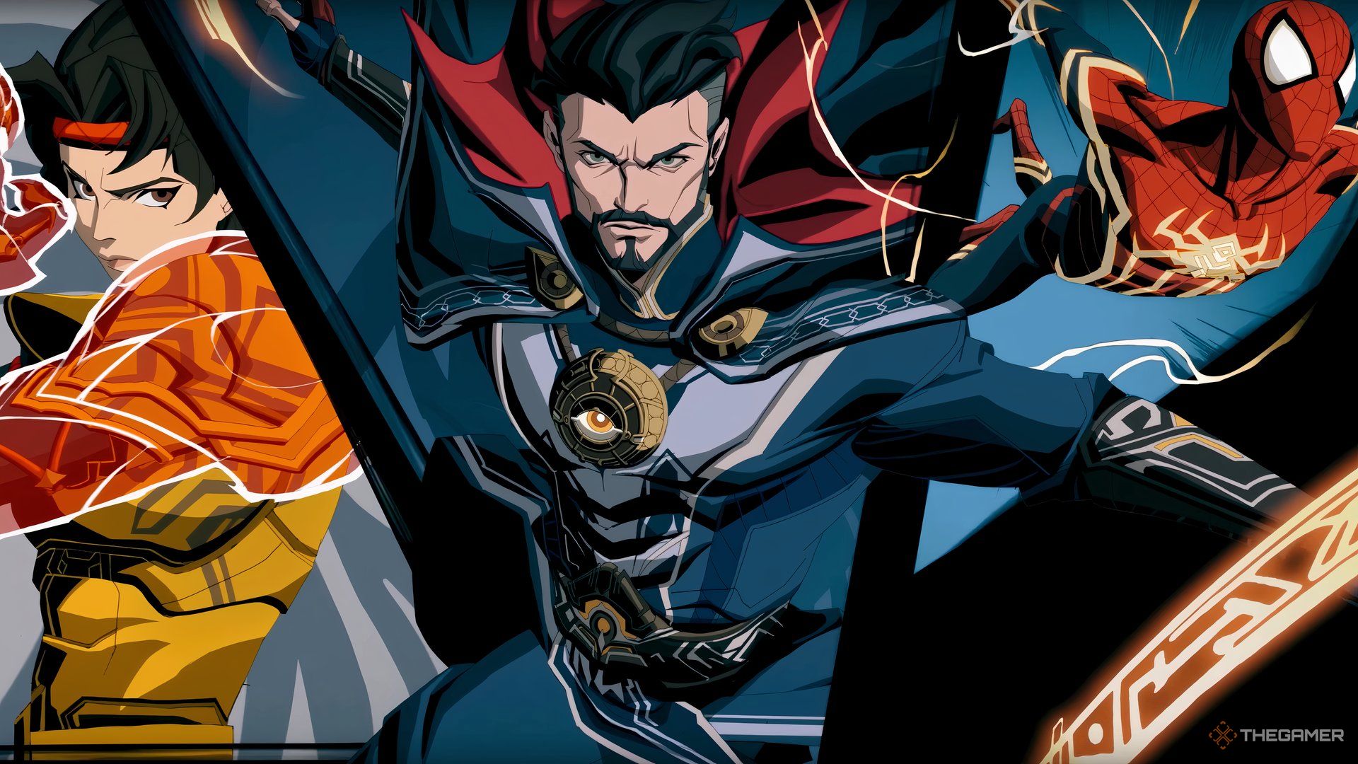 Armor, Dr Strange, and Spider Man on a splash screen in Marvel Mystic Mayhem.