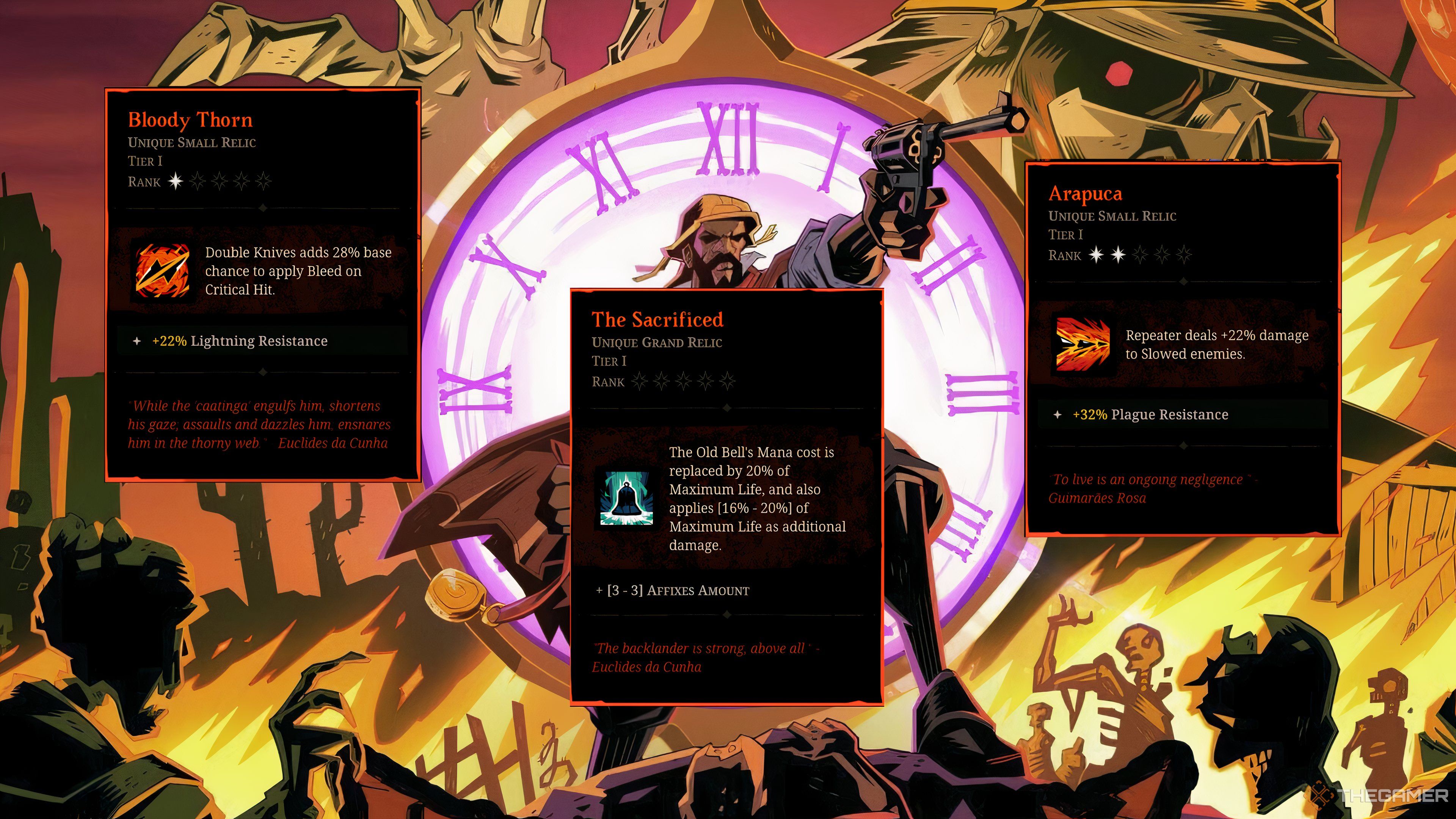 B Tier Relics Bloody Thorn, The Sacrificed, and Arapuca in Hell Clock.