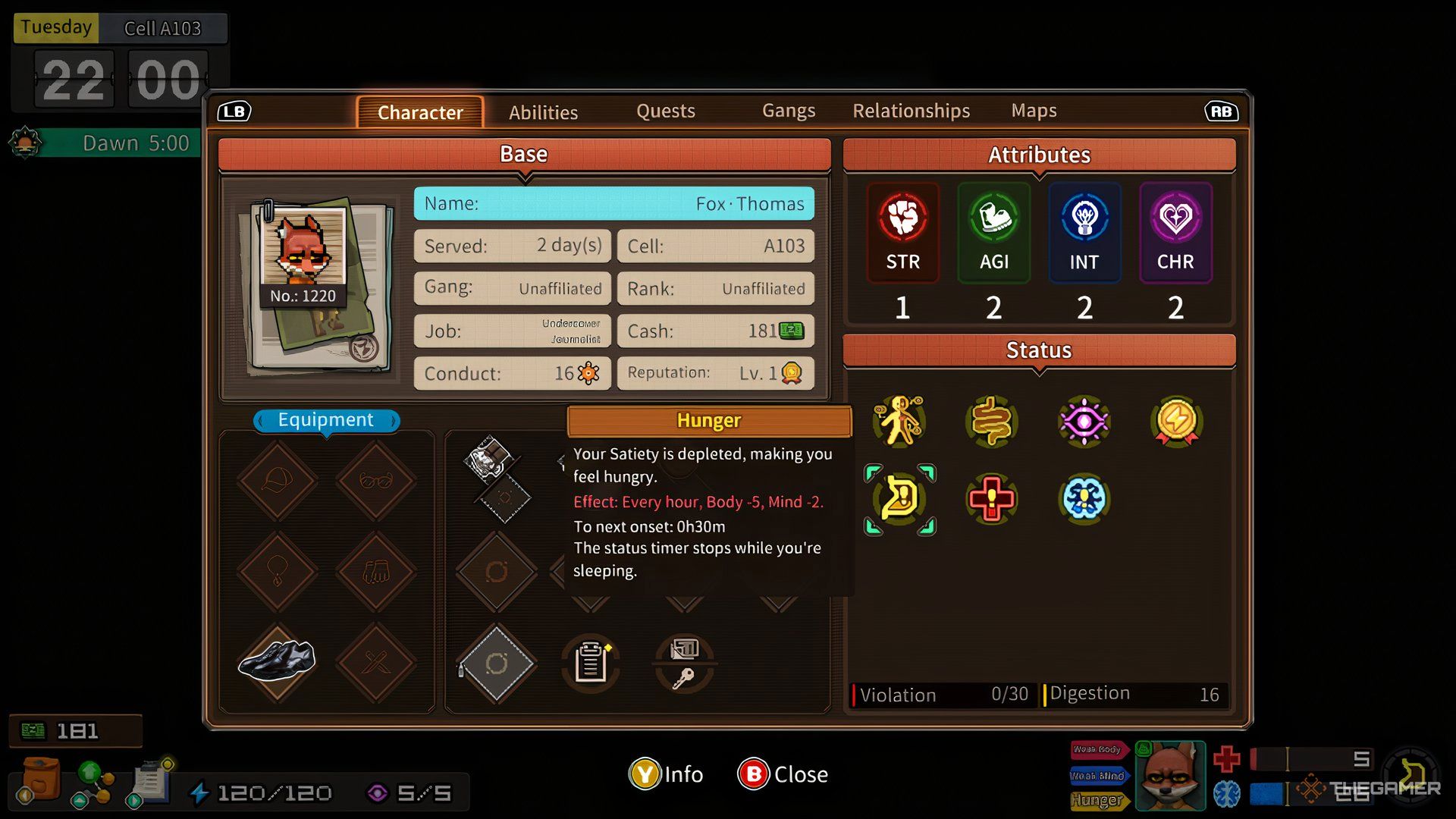 The Character Menu With The Hunger Status Highlighted In Back To The Dawn.