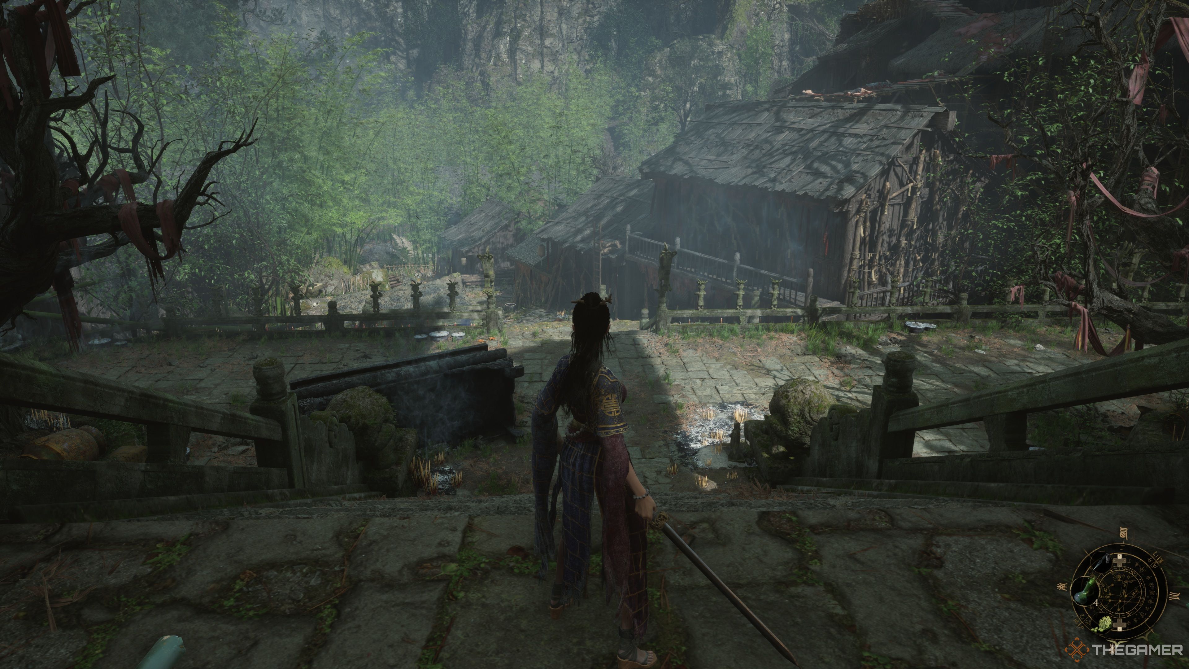 Bai Wuchang exiting the Shu Sanctum Shrine in Wuchang: Fallen Feathers.