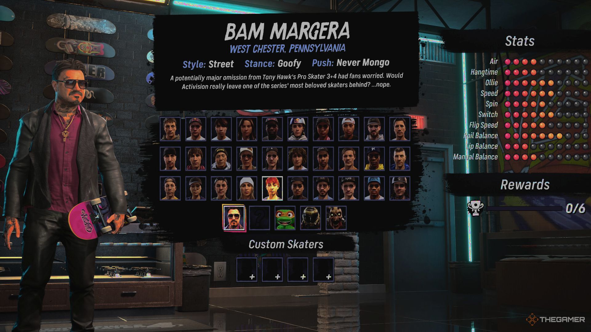 Bam Margera's stat screen in Tony Hawk's Pro Skater 3 + 4.