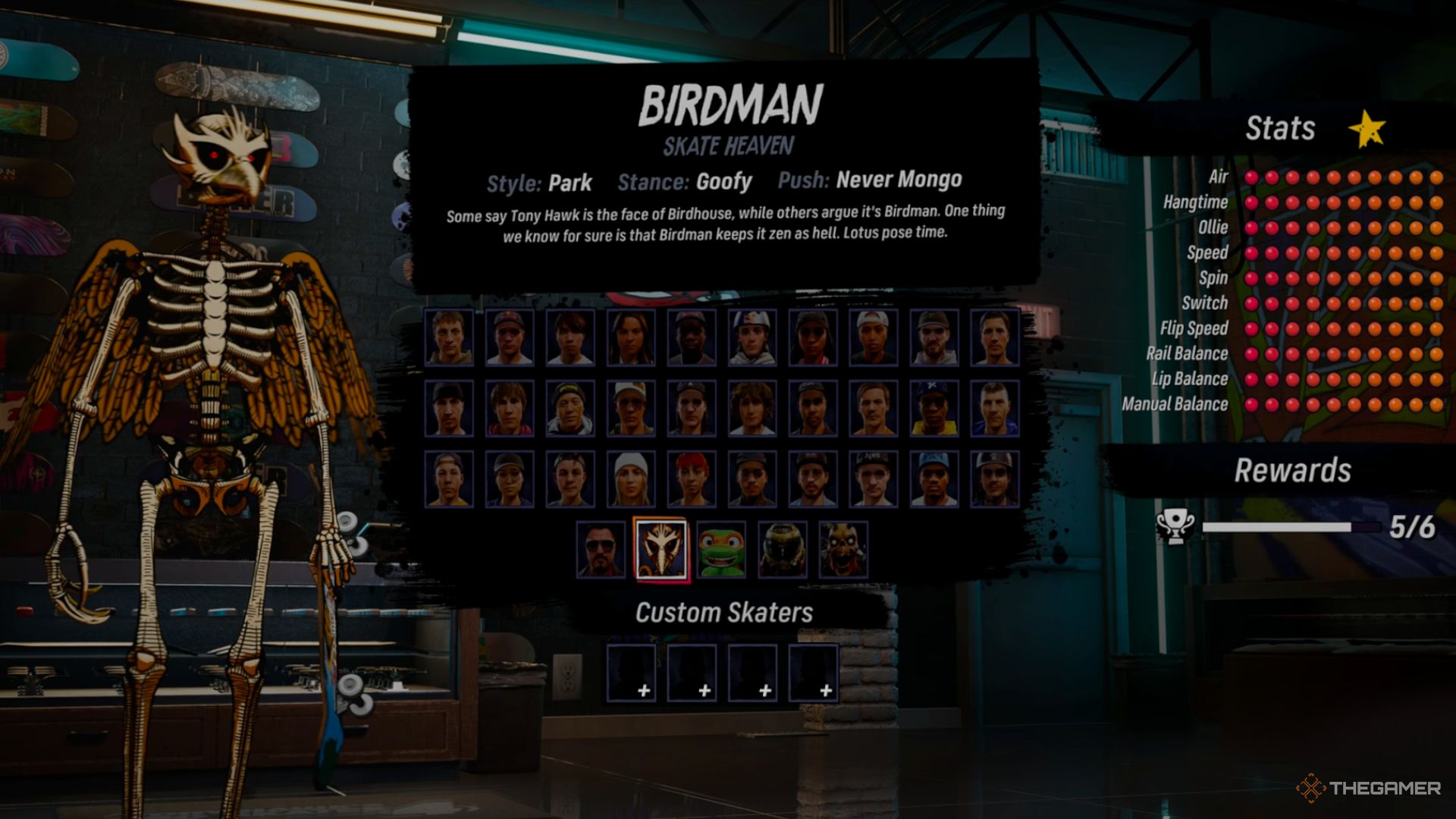 Birdman's stat screen in Tony Hawk's Pro Skater 3 + 4.