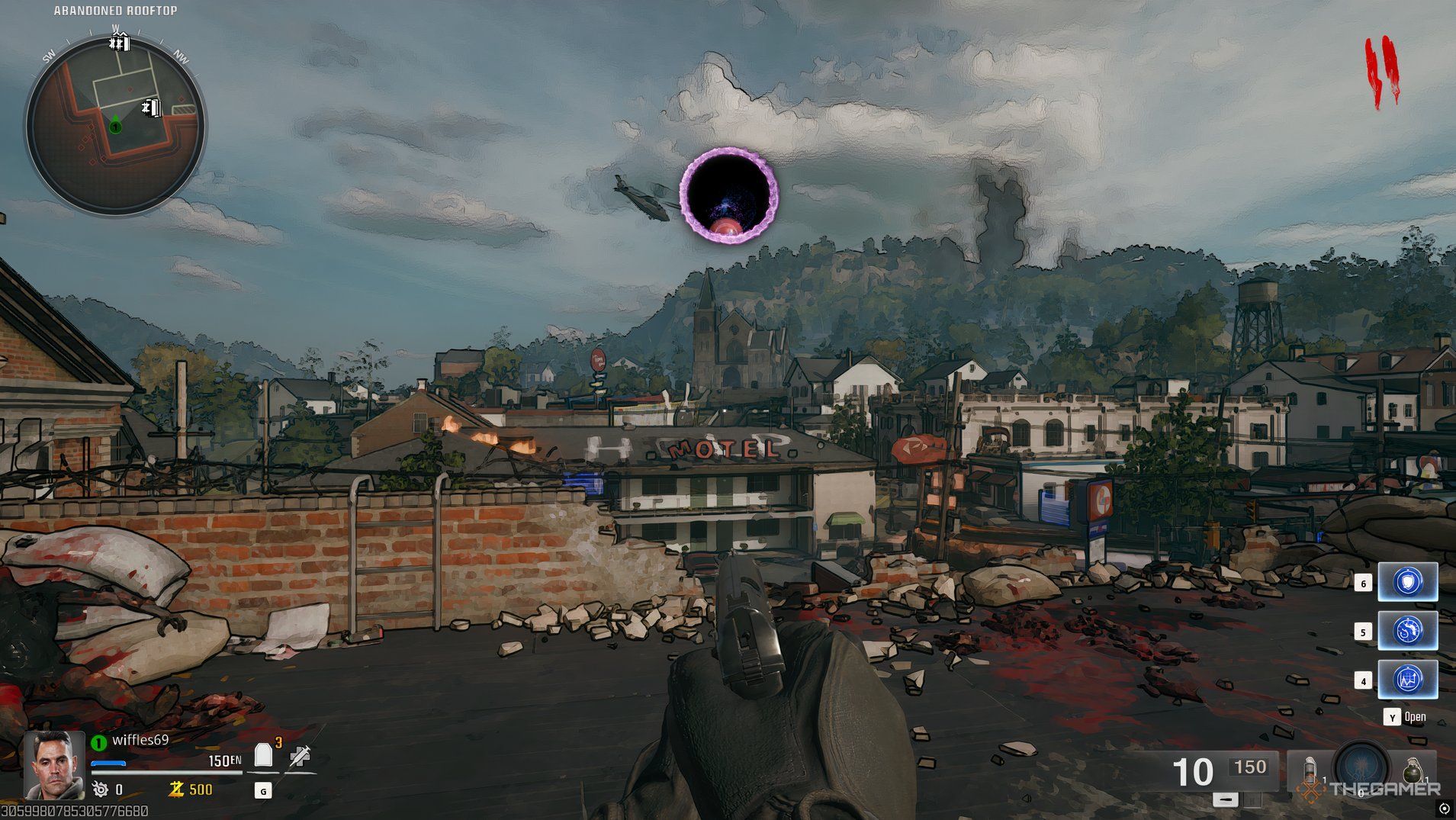 Player at the top of a building looking at a hotel sign in Call of Duty: Black Ops 6 Zombies