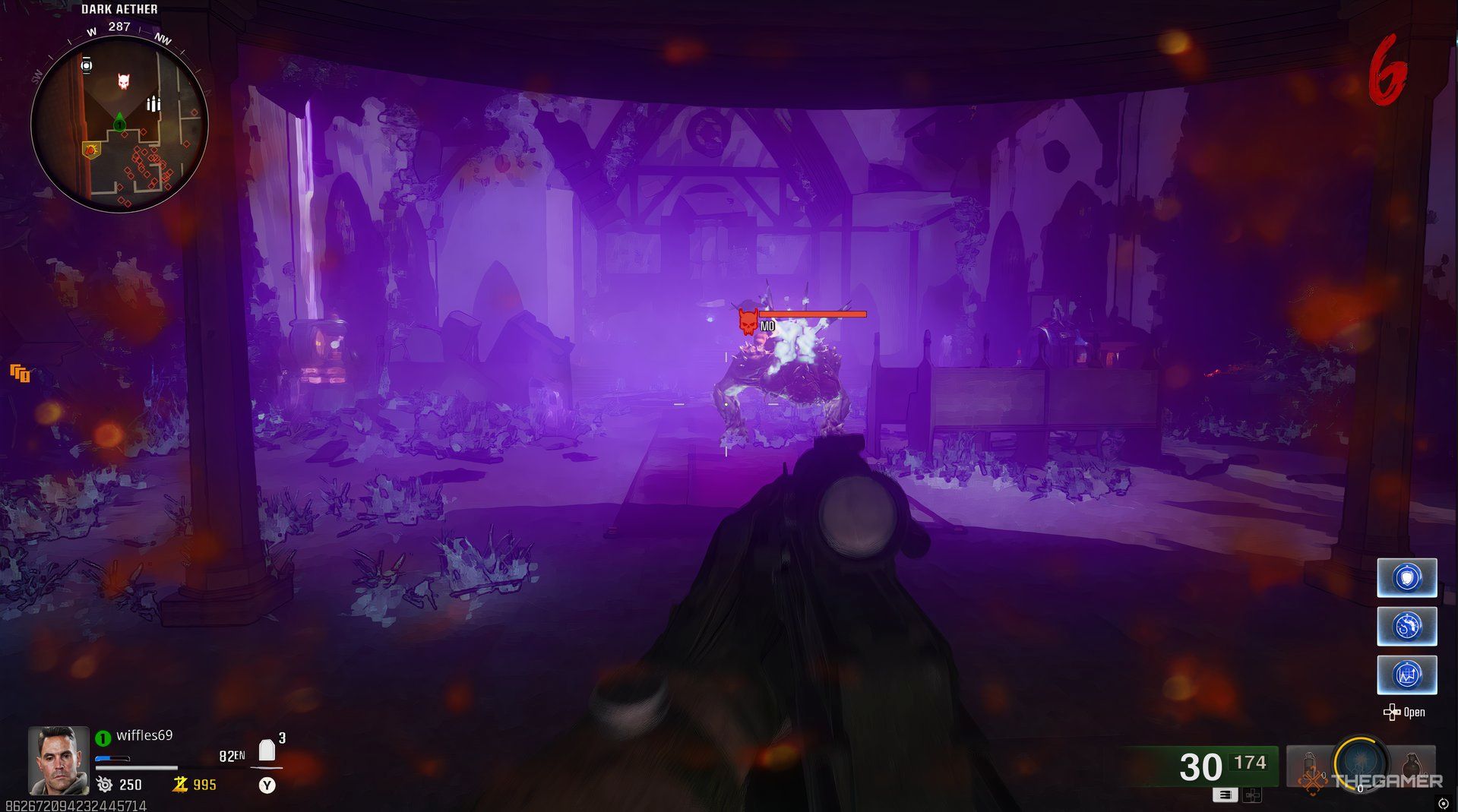 Player inside the church that is covered in purple energy with Mo in front in Call of Duty: Black Ops 6 Zombies. 
