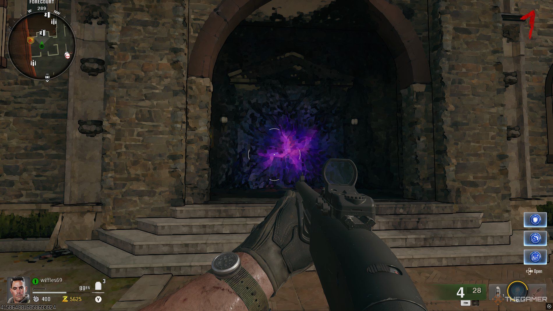Player looking at the enterance of the church with a purple door in Call of Duty: Black Ops 6 Zombies. 