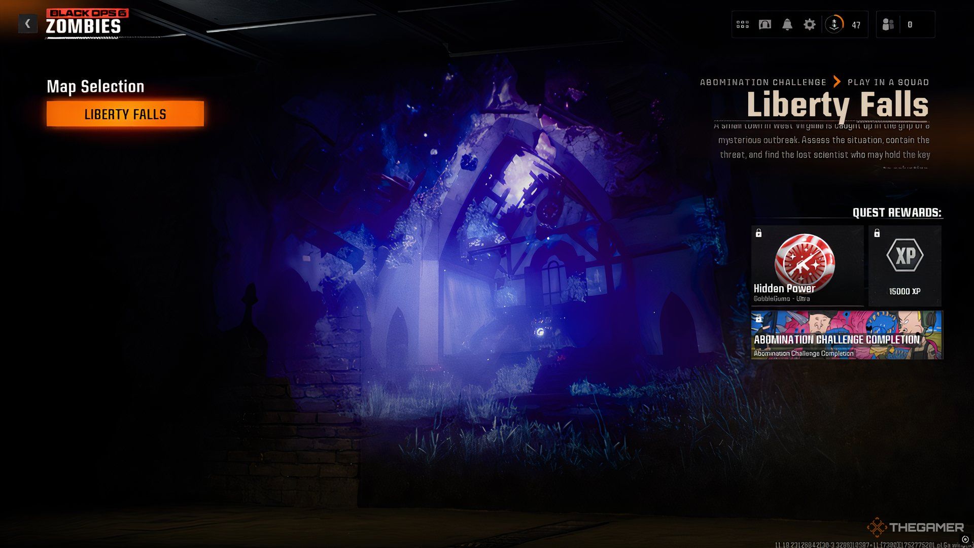 At the Abomination screen in Call of Duty: Black Ops 6 Zombies with the rewards for the challenge on the right. 