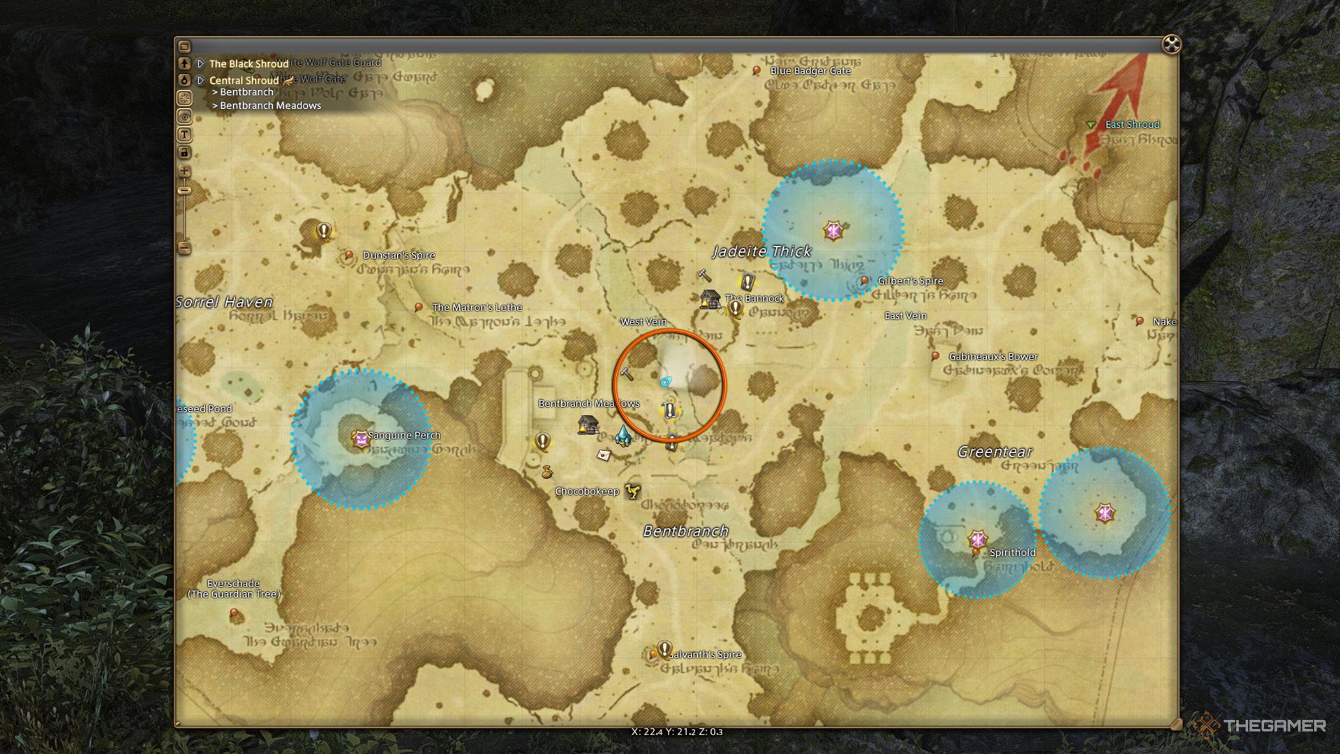 A map of Central Shroud with the location of the Chirurgeon circled in Final Fantasy 14.
