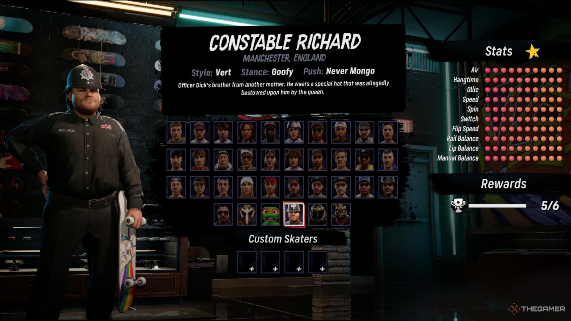 Constable Richard's stat screen in Tony Hawk's Pro Skater 3 + 4.