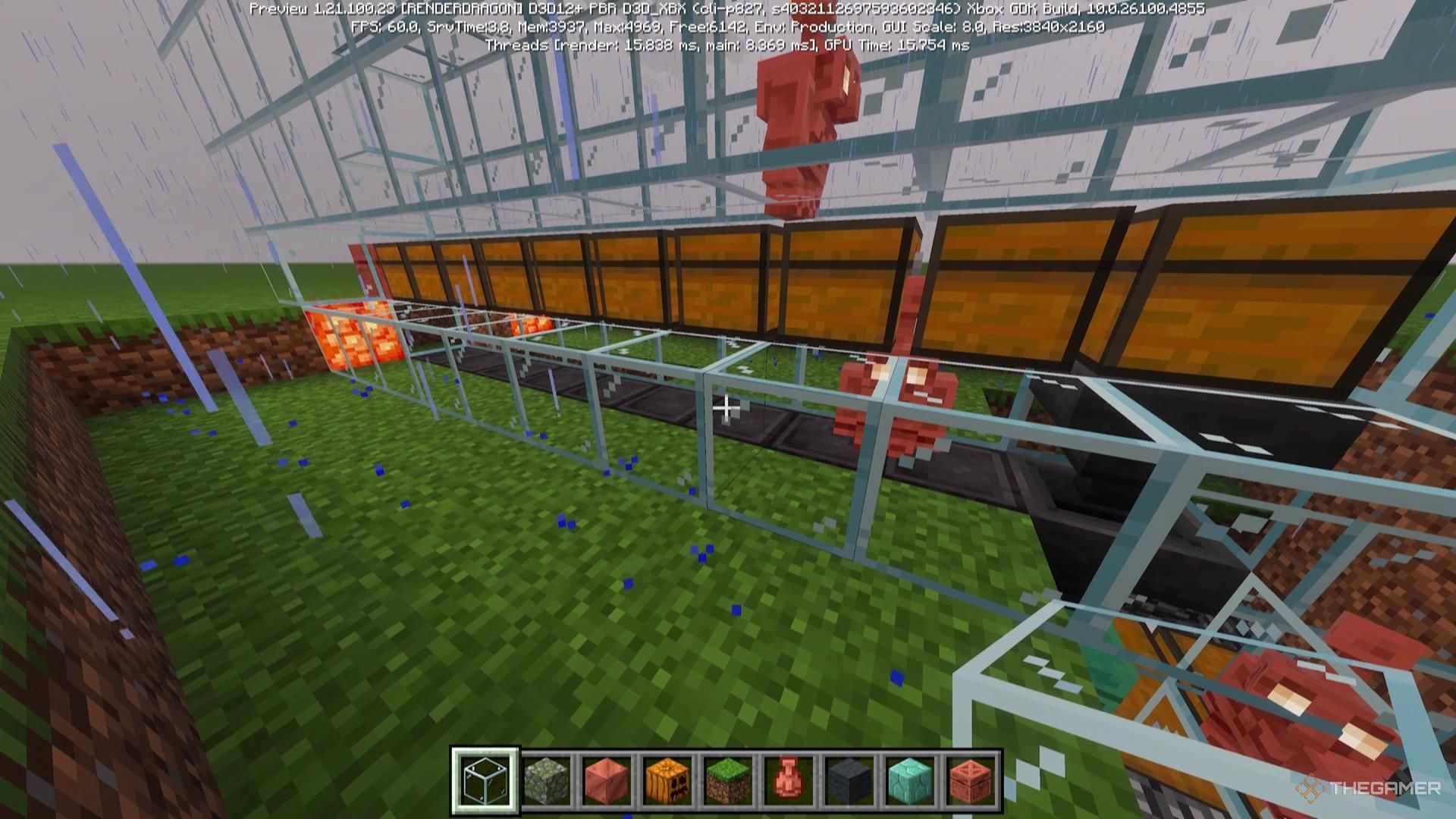 Copper Golems work in a confined glass setup in Minecraft.