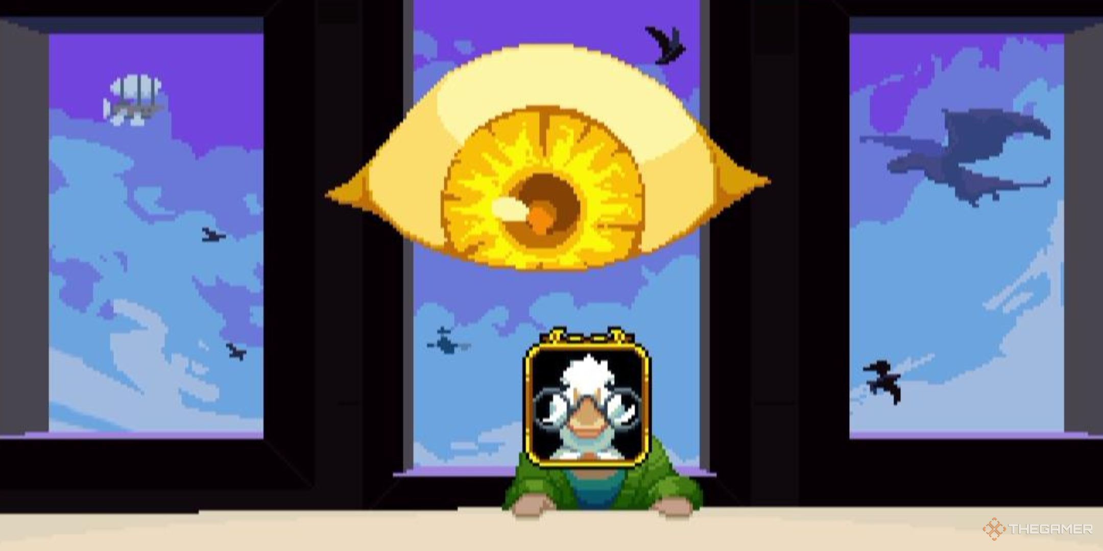 A goose with glasses sits underneath a giant yellow eyeball in The King Is Watching.