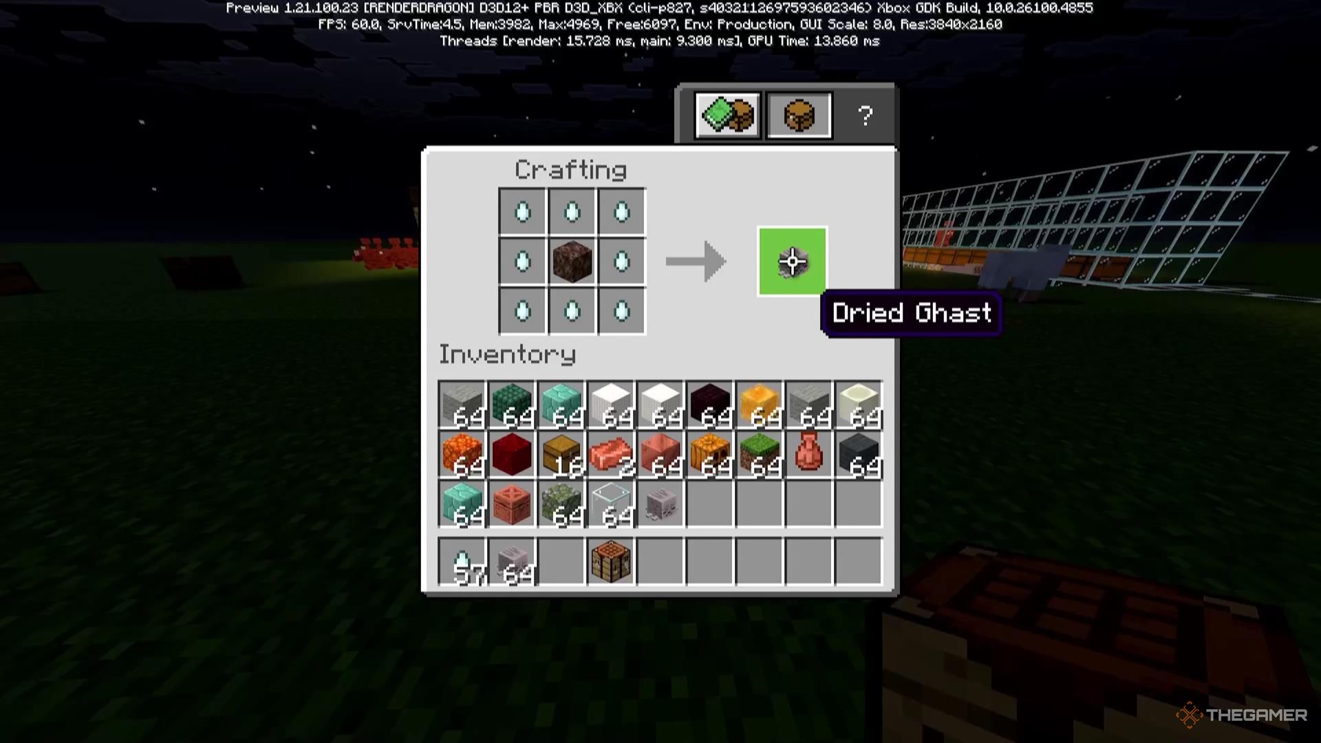 Crafting a Dried Ghast in Minecraft.