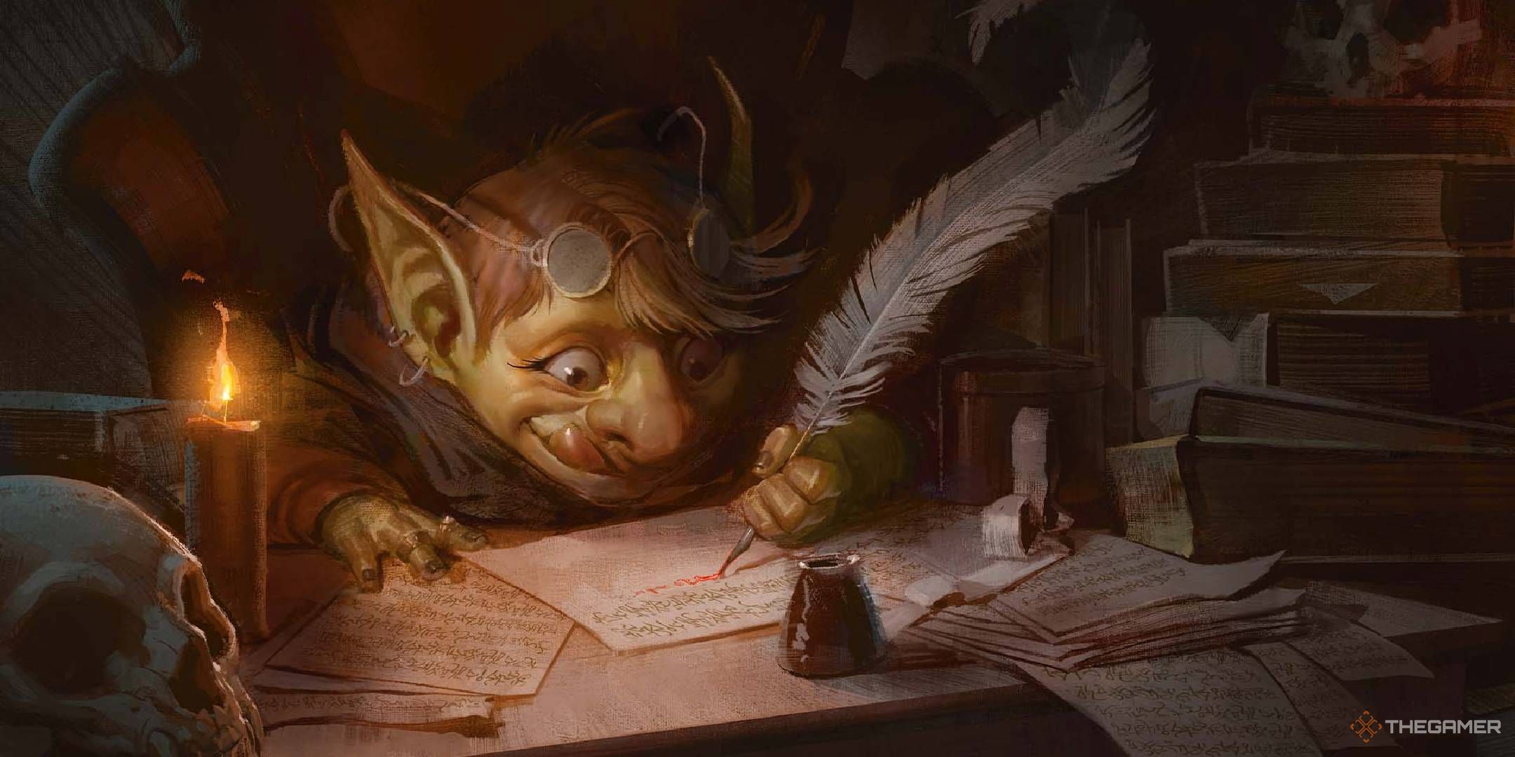 A Goblin with glasses on her head and her tongue sticking out passionately writes at a cluttered desk.
