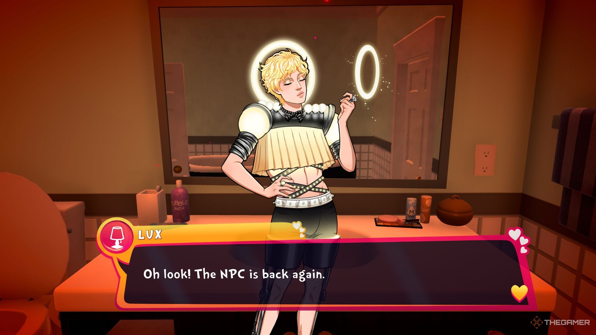 Date Everything Lux in the bathroom calling the player an NPC.