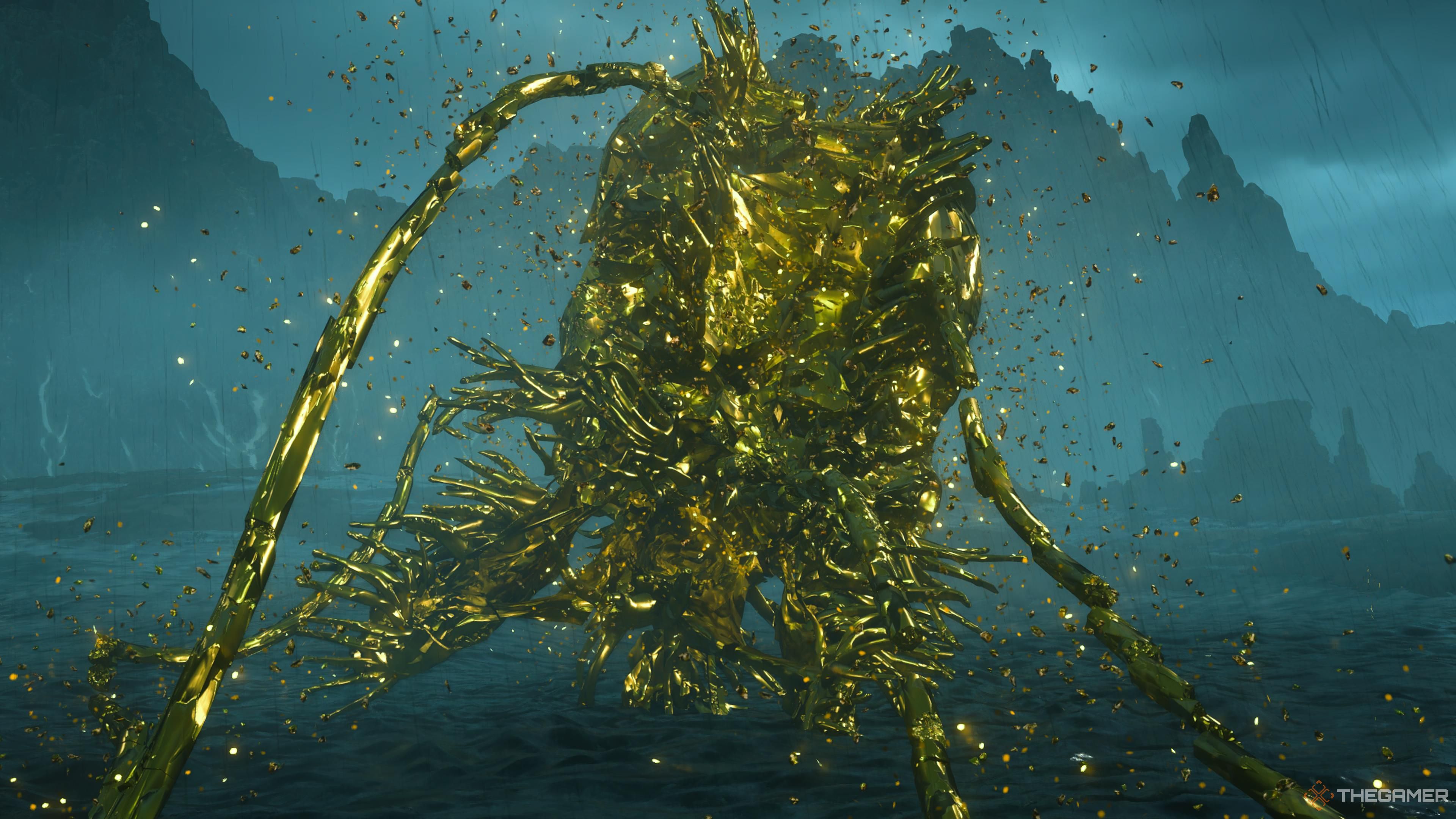 The giant BT turning gold in death stranding 2 on the beach.