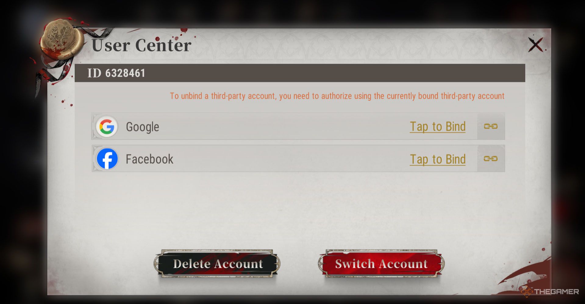 Delete account option in Silver and Blood.