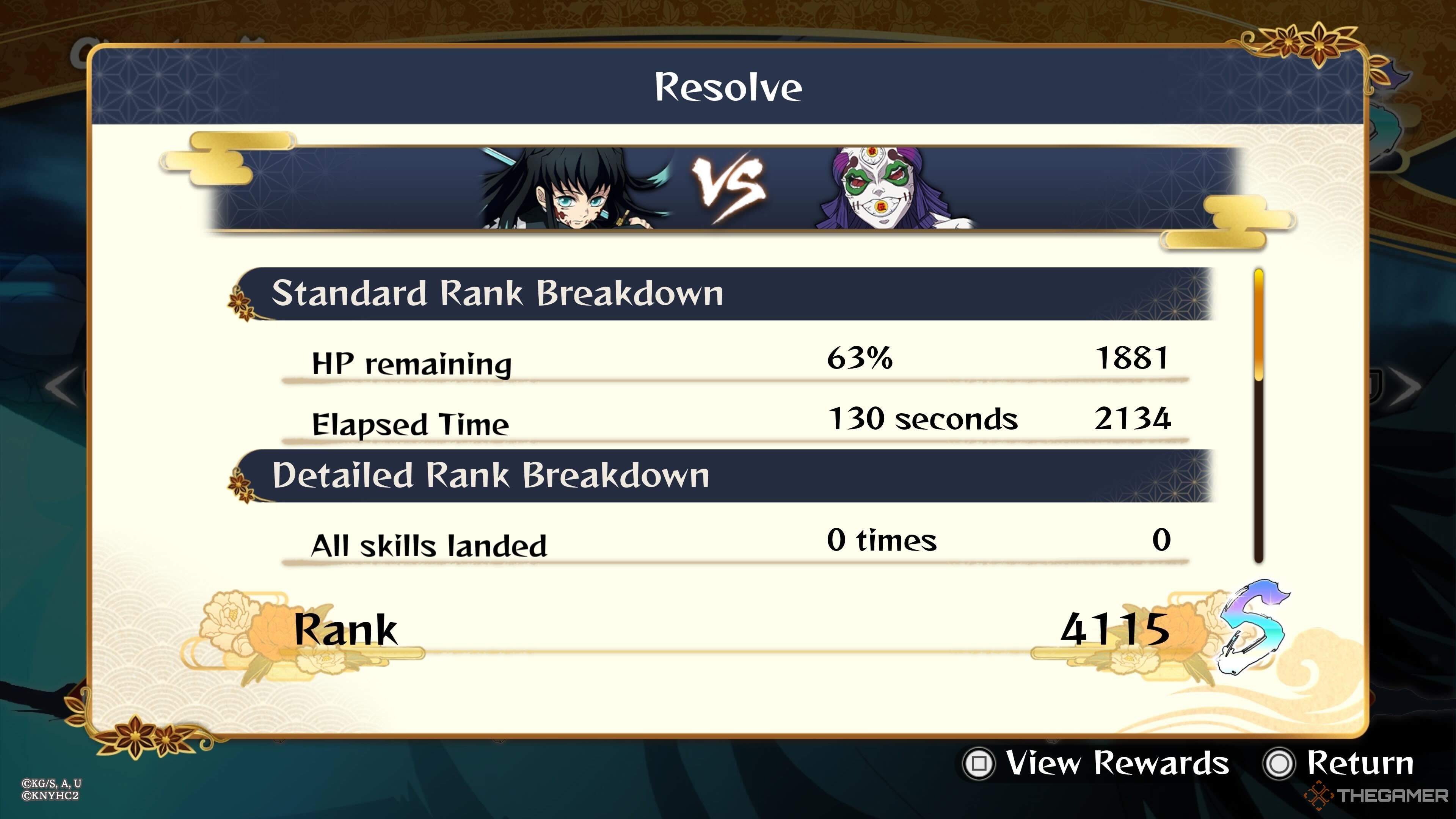 An S-Rank results screen in Demon Slayer: The Hinokami Chronicles 2.