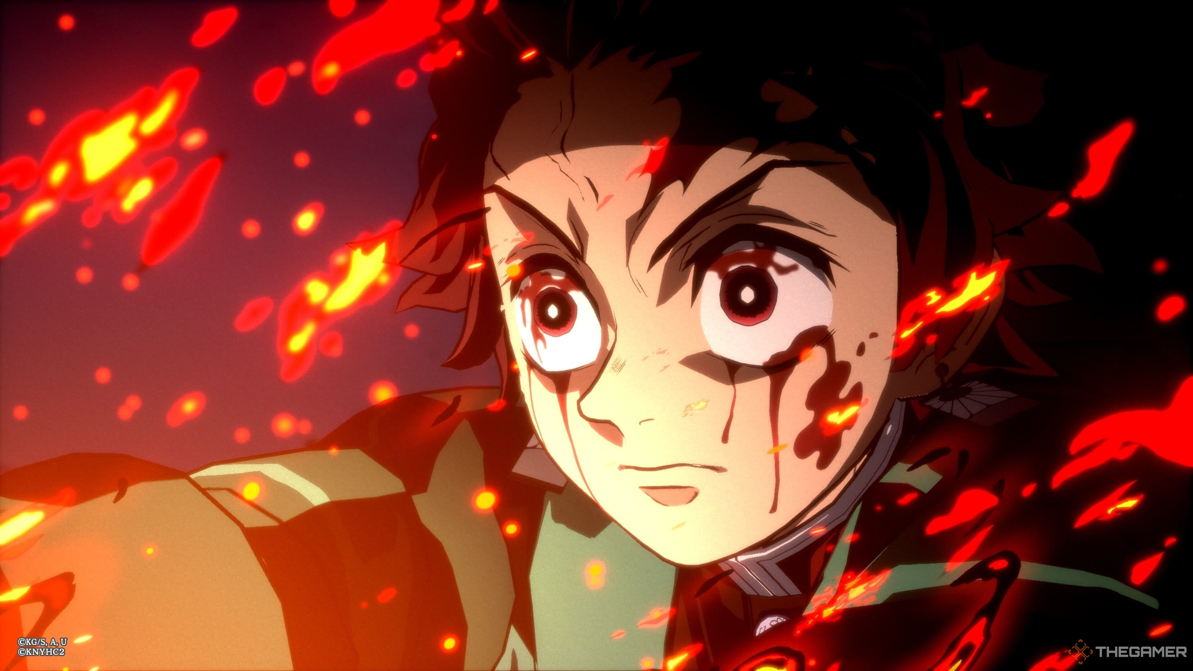 Tanjiro's bloodshot Entertainment District Arc look in Demon Slayer: The Hinokami Chronicles 2.