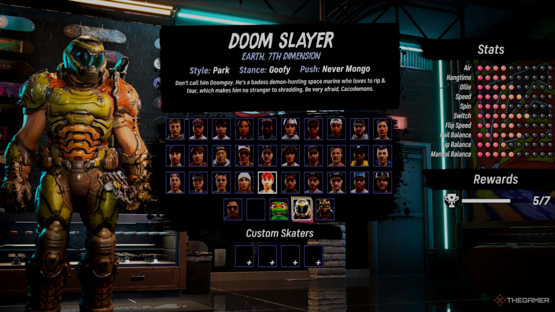 Doom Slayer's stat screen in Tony Hawk's Pro Skater 3 + 4.
