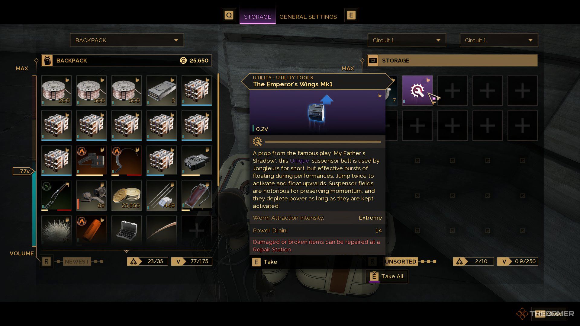 Player interacting with a broken Mk1 Emperor Wings in Dune: Awakening. 