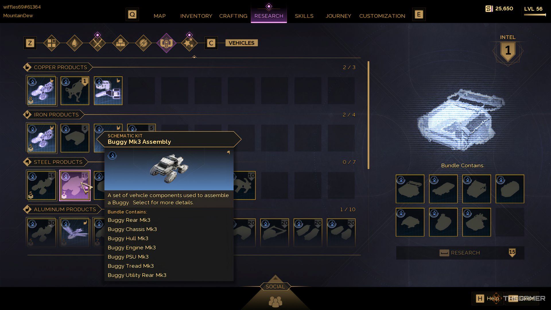 Player in Research Menu of Dune: Awakening with the Buggy Mk3 schematic selected.