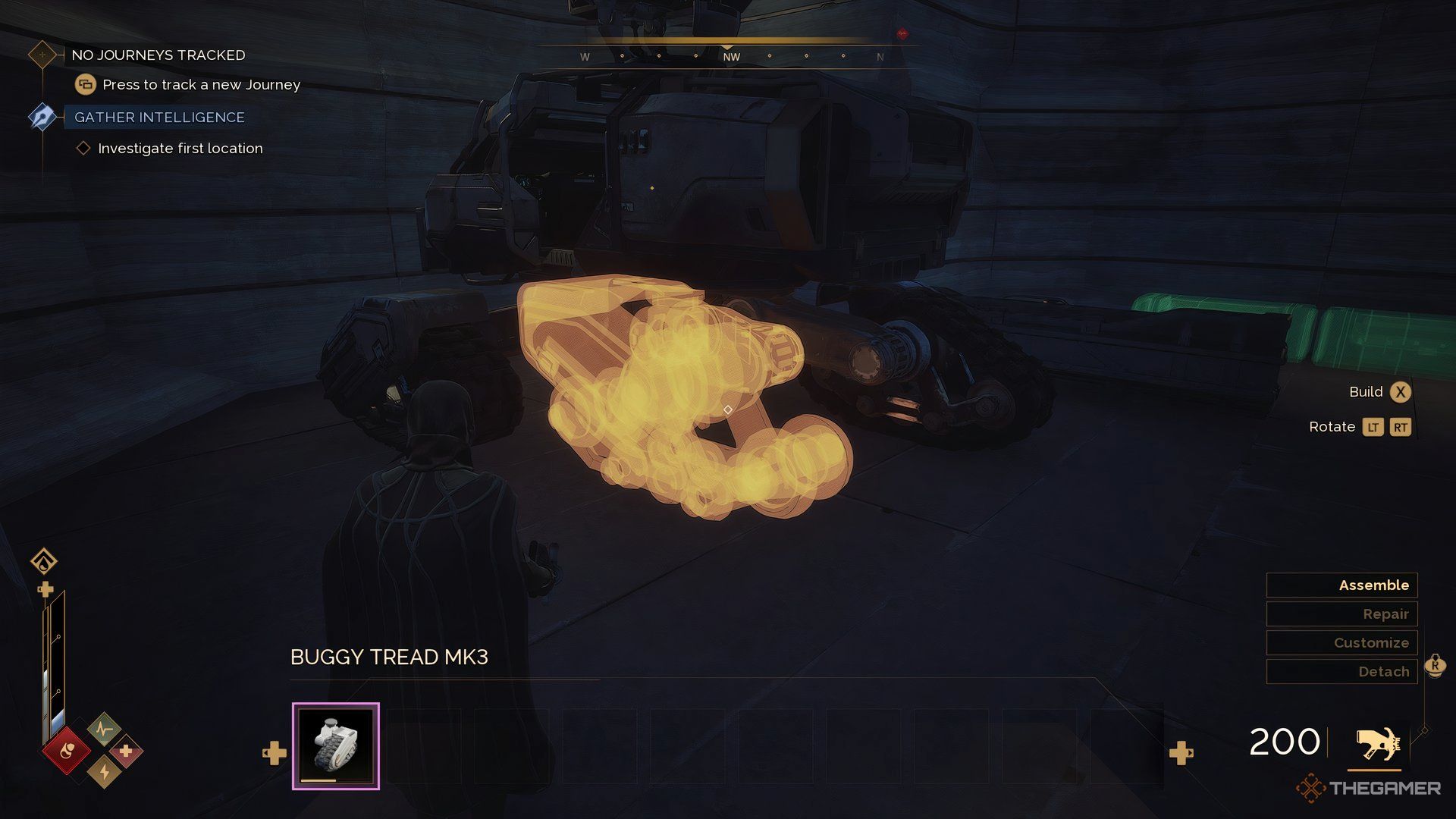 Player using the Wielding Took to make a tread of the Buggy in Dune: Awakening. The color of tread's outline is yellow.