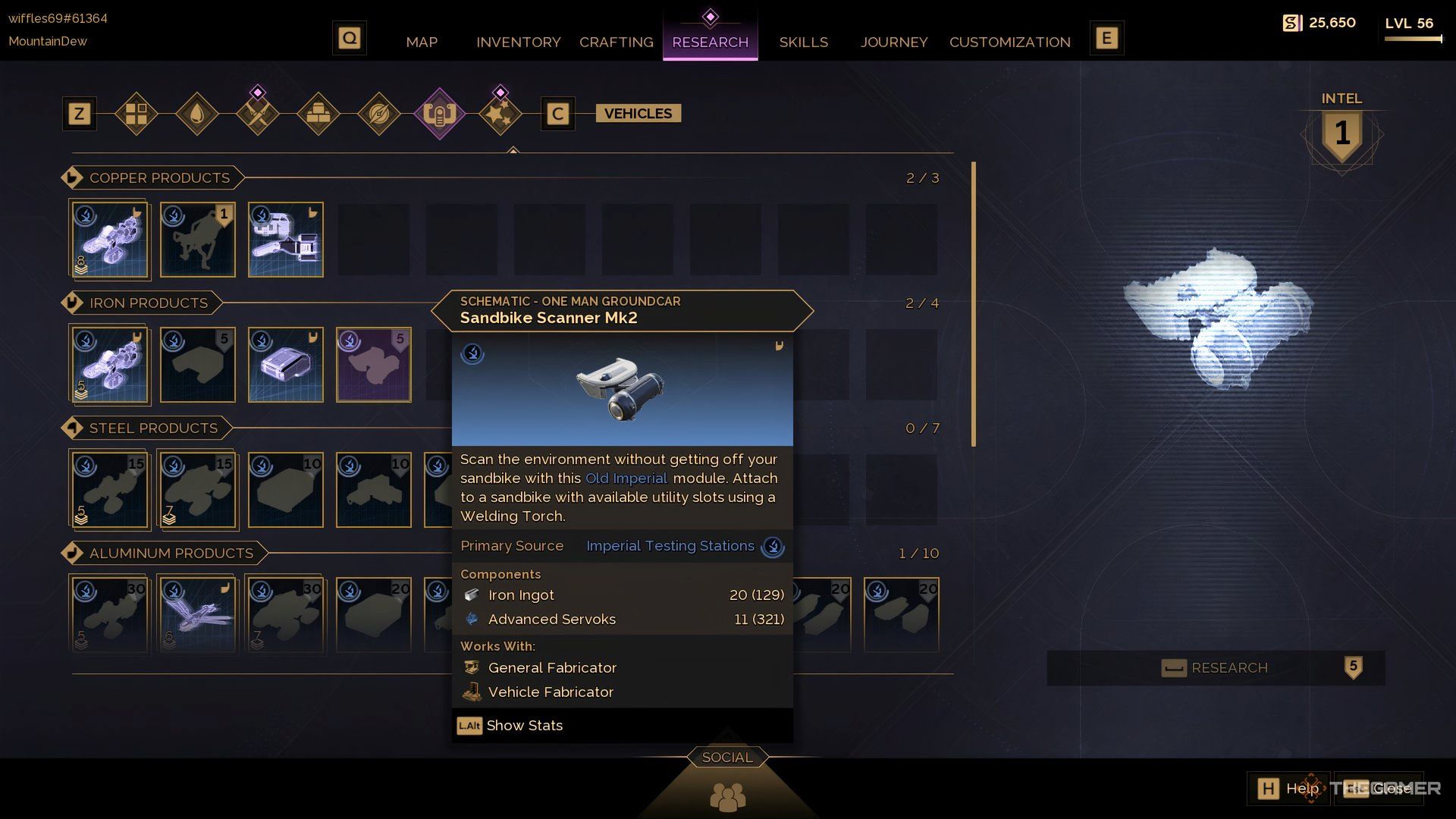 In the Research Menu in Dune: Awakening with the sandbike scanner selected. 