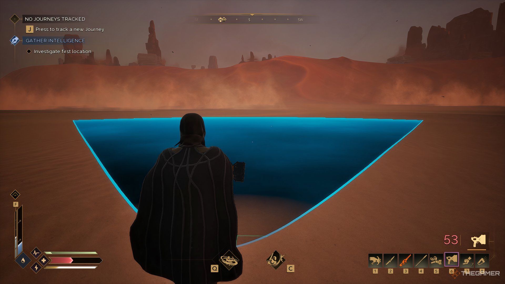 Player using the scanner that is omitting a large blue cone in front of him in Dune: Awakening. 