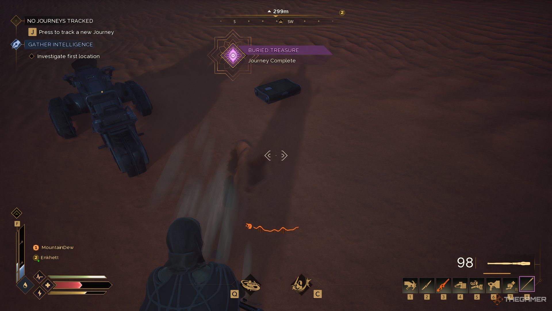Player looking a treasure chest in Dune: Awakening. There is a sandbike on the left with the sandworm indicator showing its near by at the bottom.