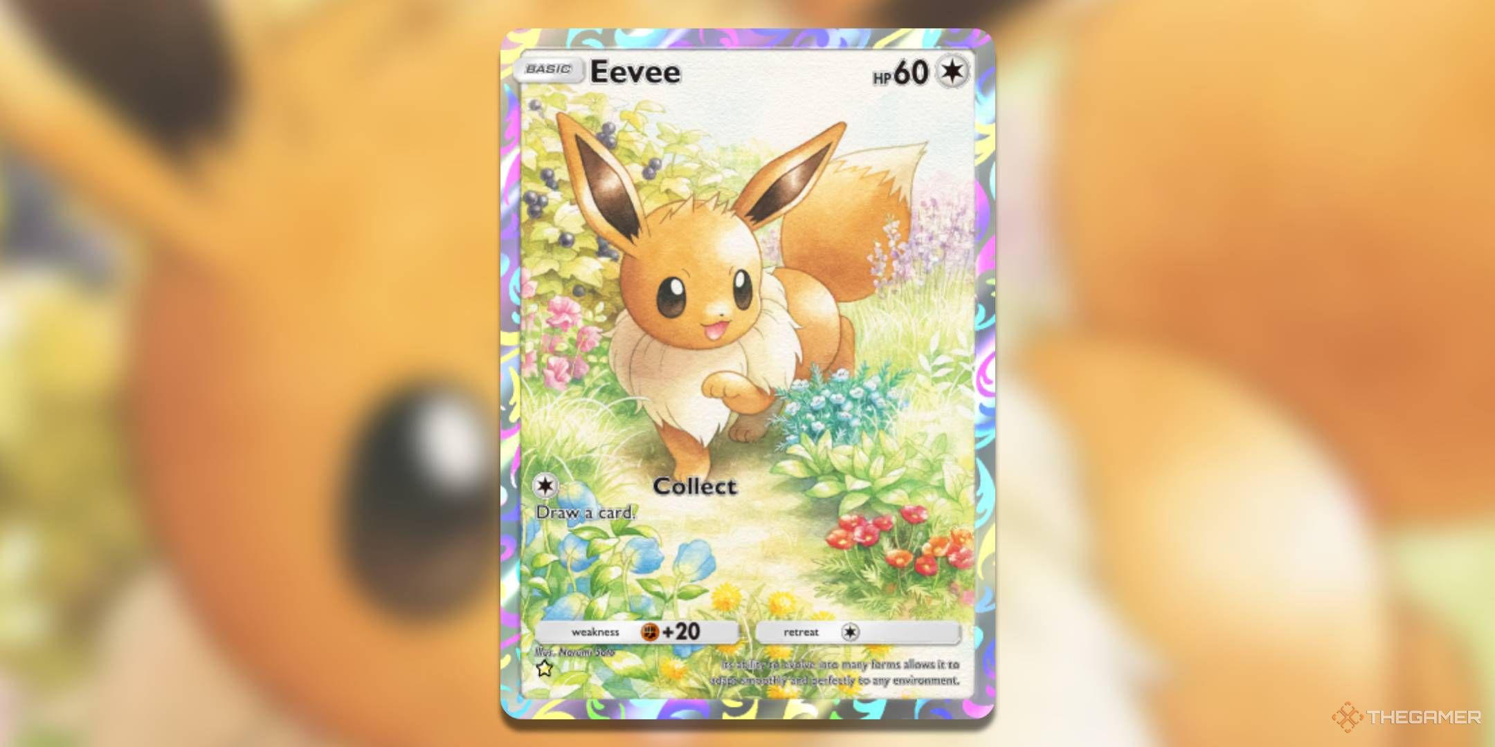 The Illustration Rare version of Eevee, from Pokemon TCG Pocket's Eevee Grove expansion.