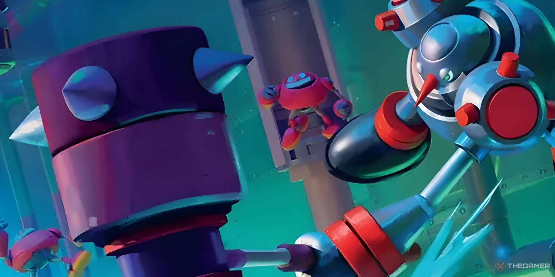 An Egg Hammer robot slams its signature hammer into the ground while Egg Pawns watch from the background.