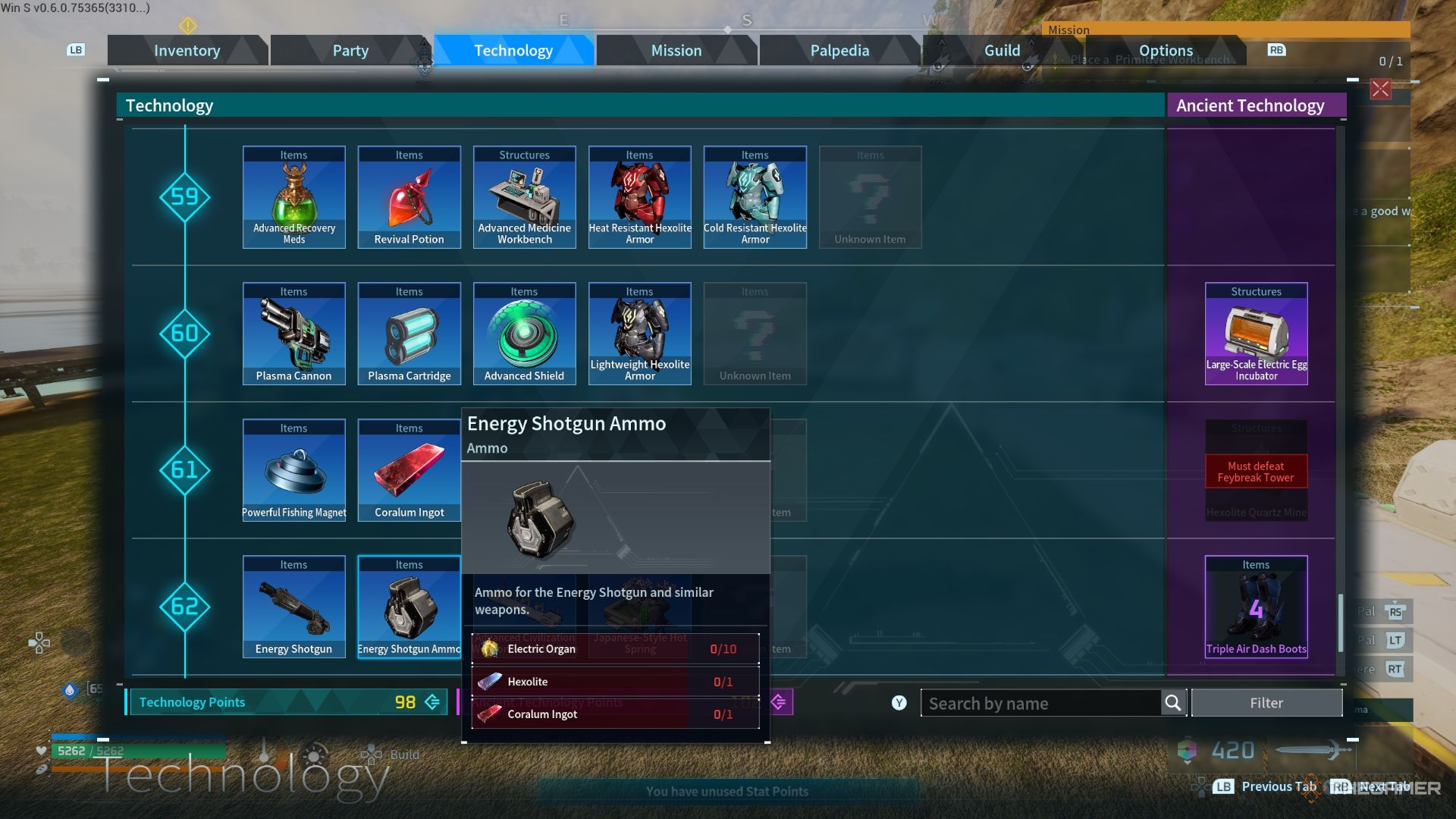Energy Shotgun ammo recipe in the technology menu - Palworld