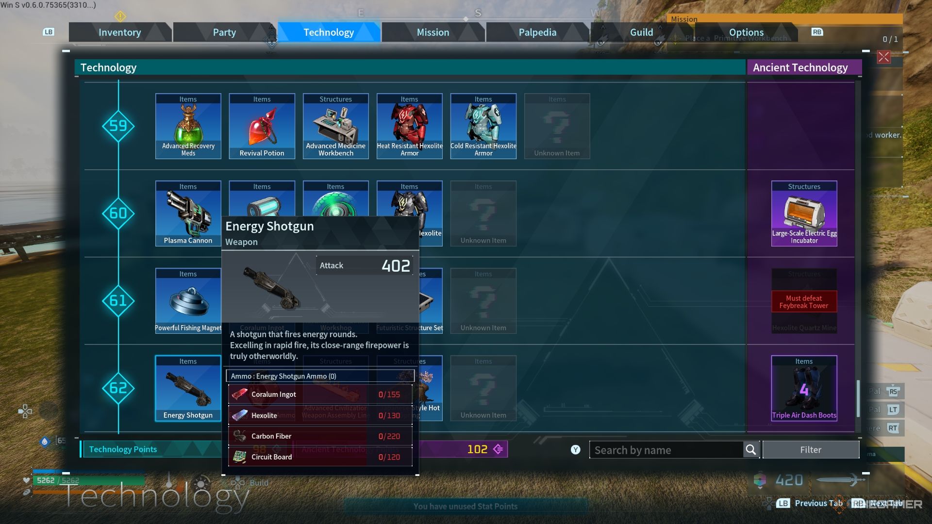 Energy Shotgun recipe in the technology menu - Palworld