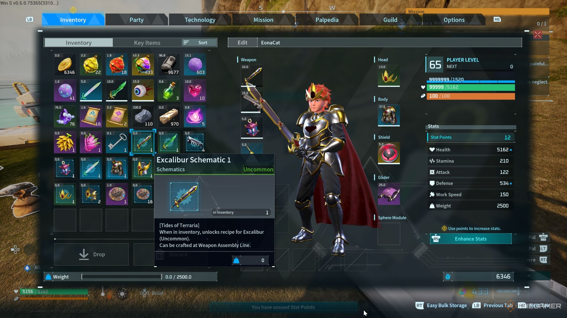 Excalibur schematic in the player in inventory - Palworld
