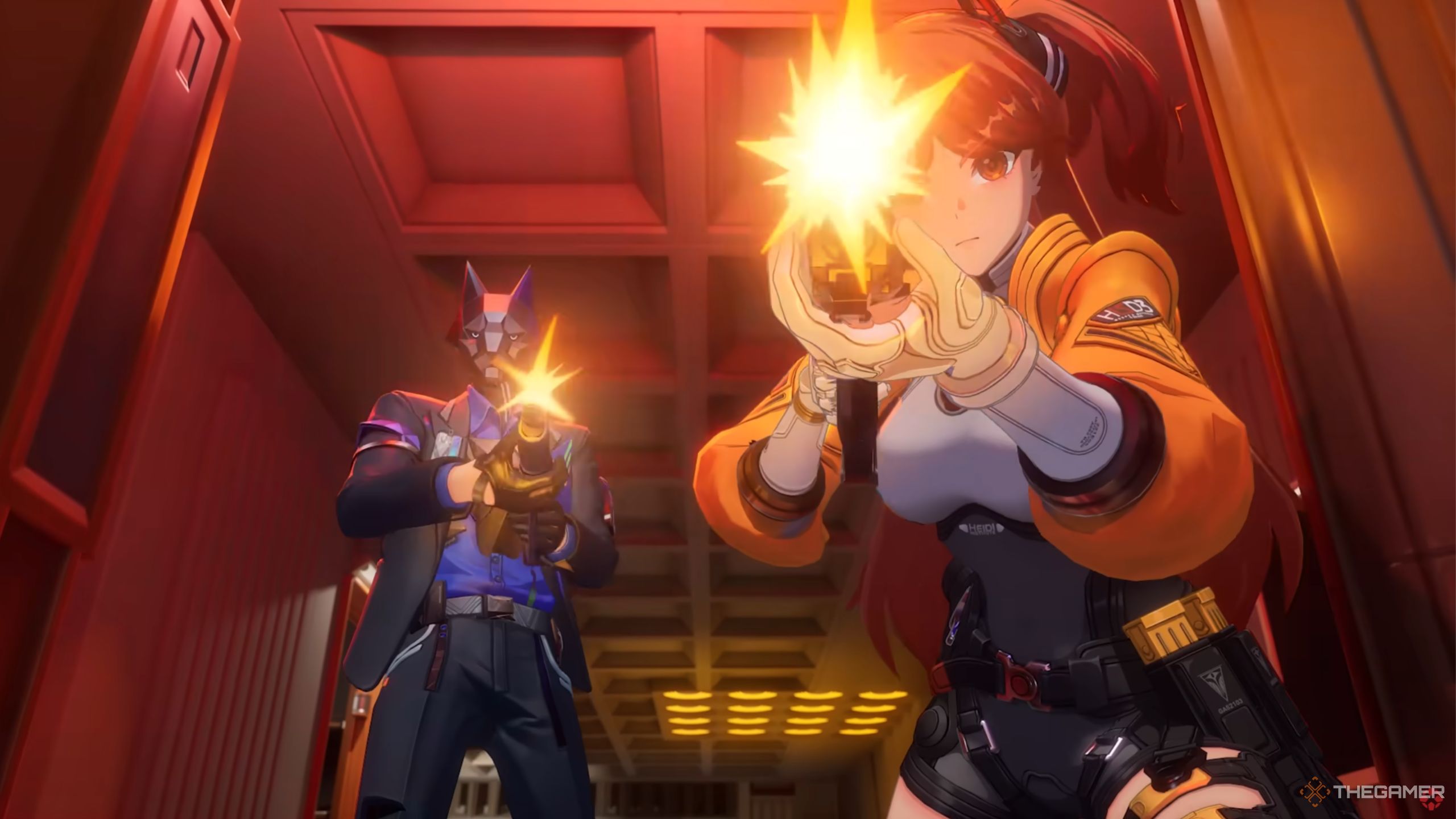 Fate Trigger Eos and Cynric shooting at the screen.