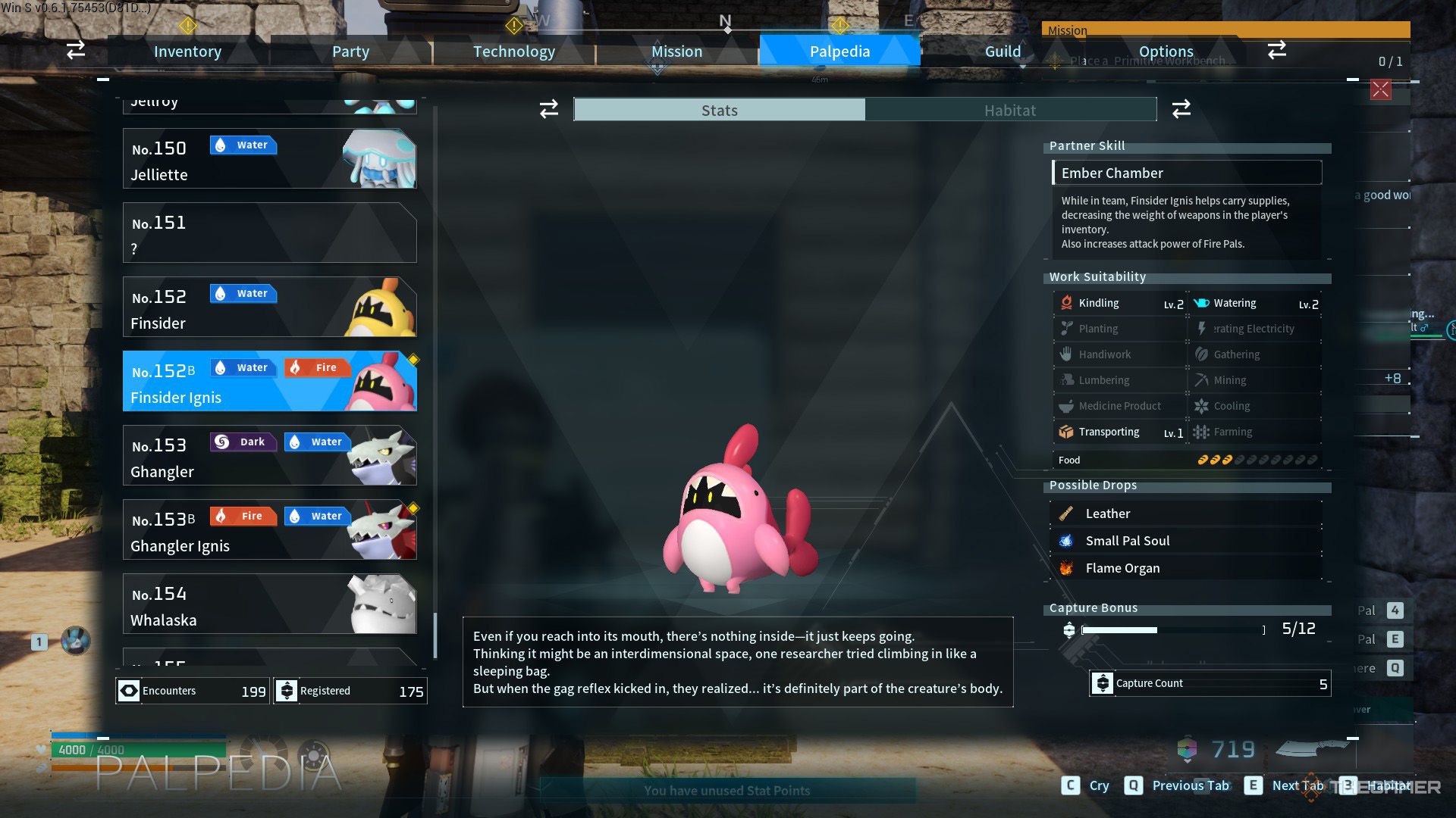 Finsider Ignis's palpedia entry displayed in Palworld.