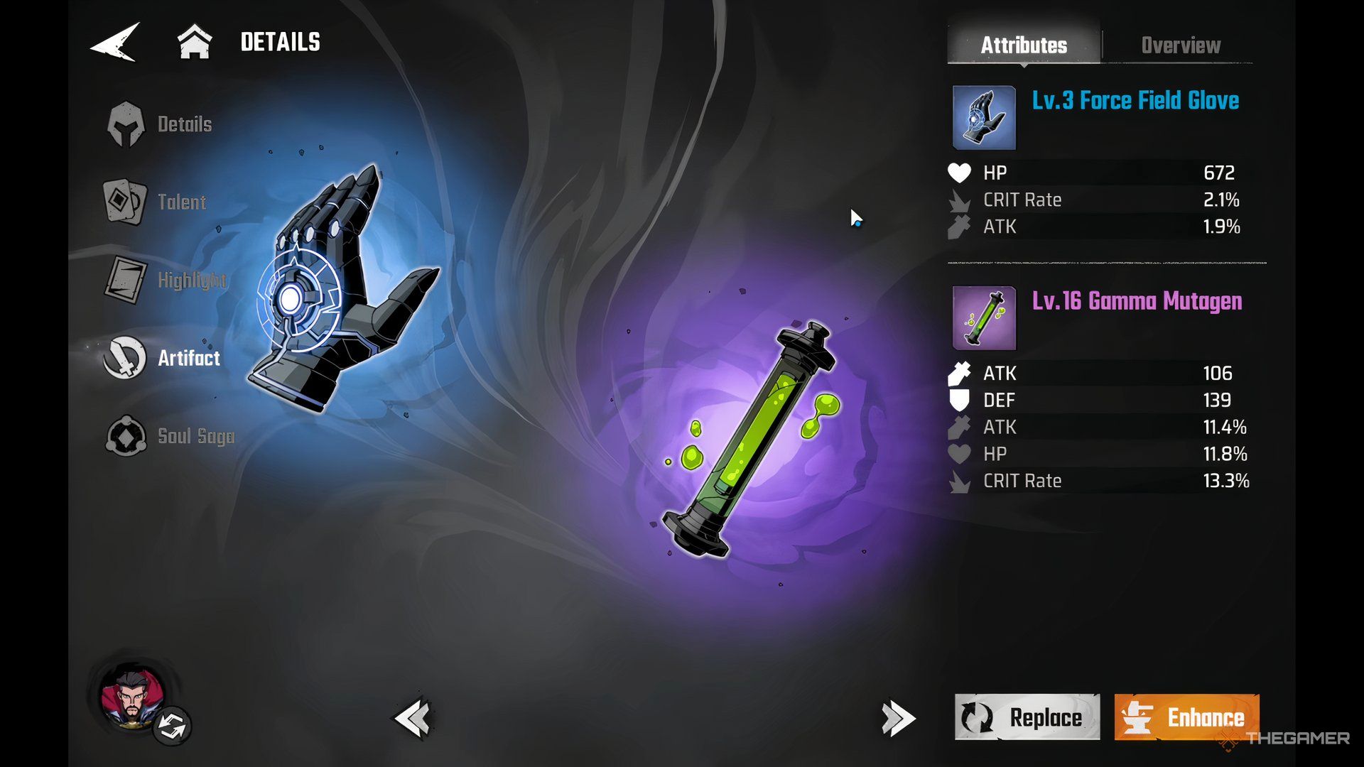 Force Field Glove and Gamma Mutagen artifact in Marvel Mystic Mayhem.