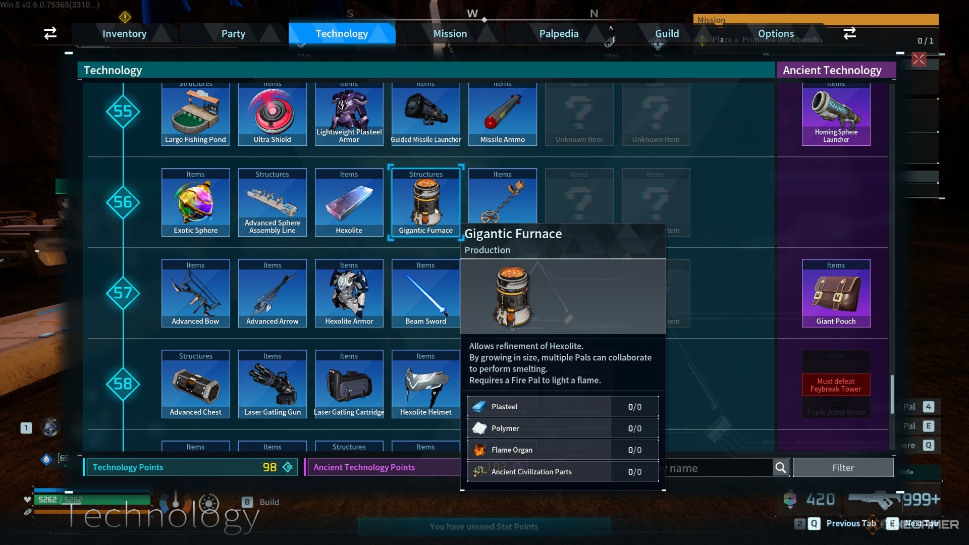 Gigantic Furnace recipe in the Technology menu - Palworld
