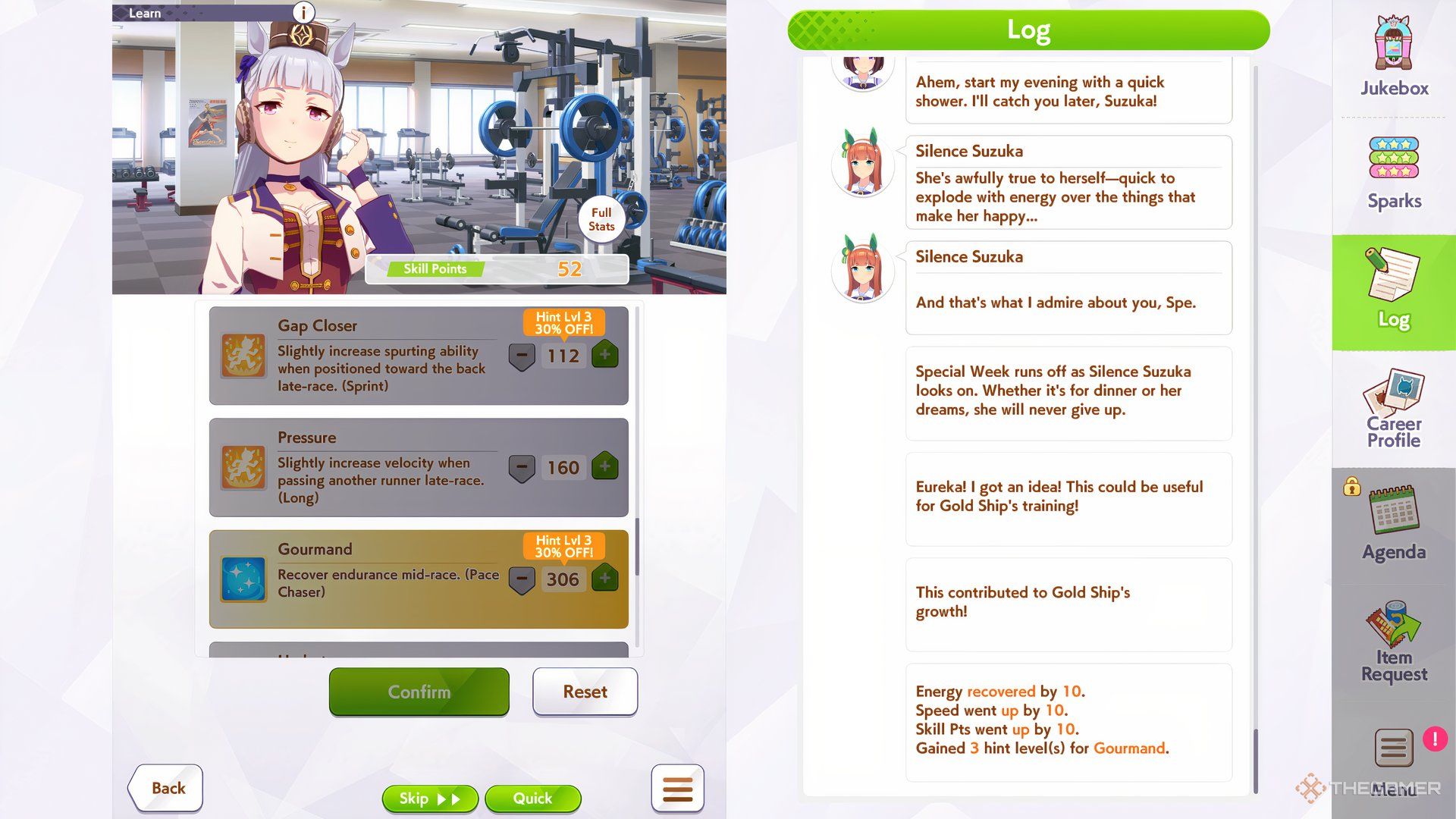 Gold Ship's skill menu is shown in Umamusume Pretty Derby.