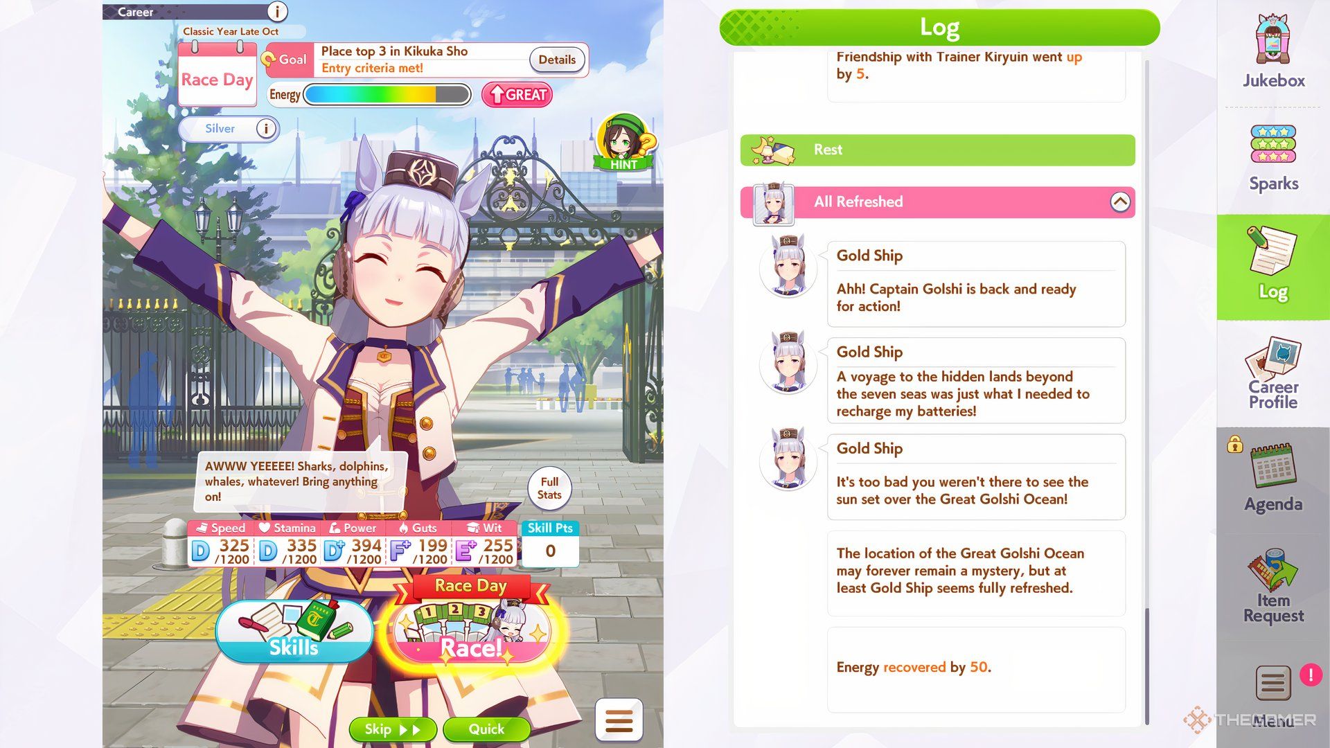 Gold Ship training screen is shown in Umamusume Pretty Derby.