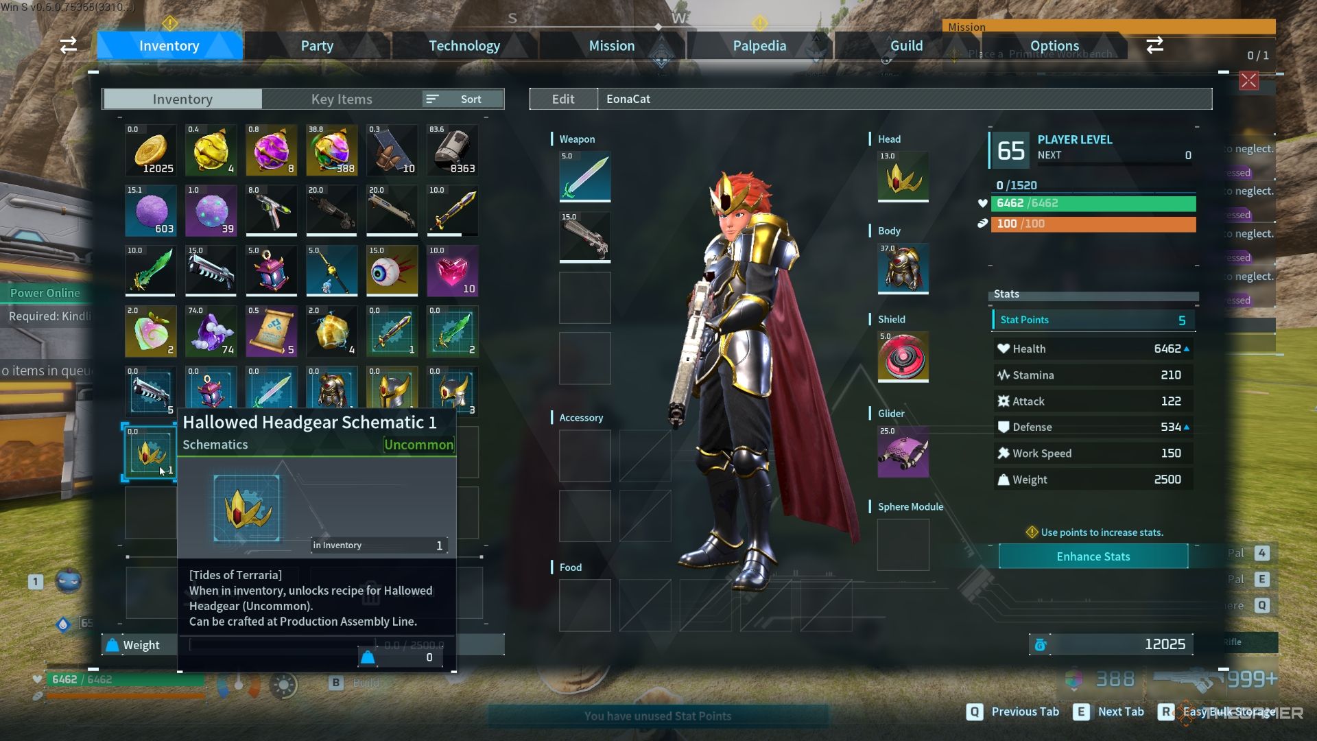 Hallowed Headgear Schematic in the inventory of the player - Palworld
