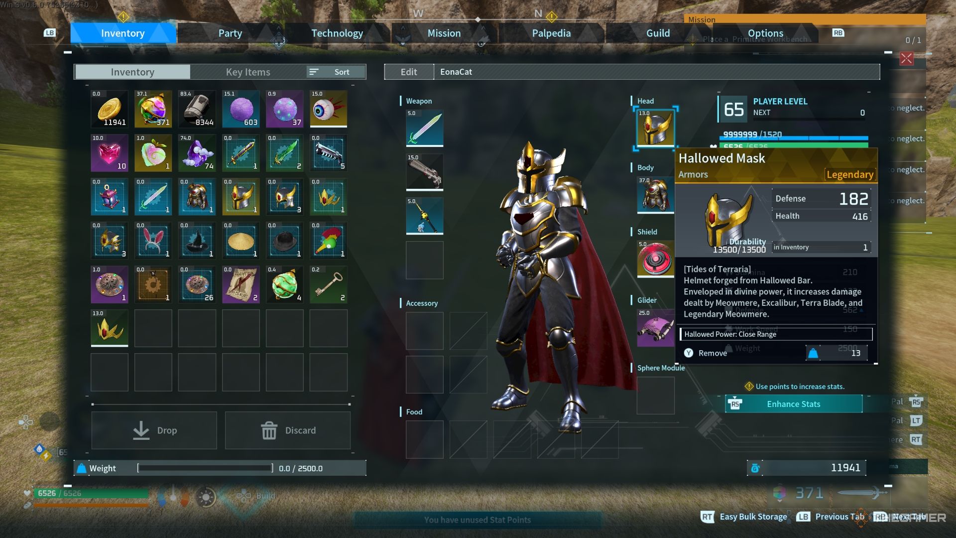 Hallowed Mask in the inventory of the player - Palworld