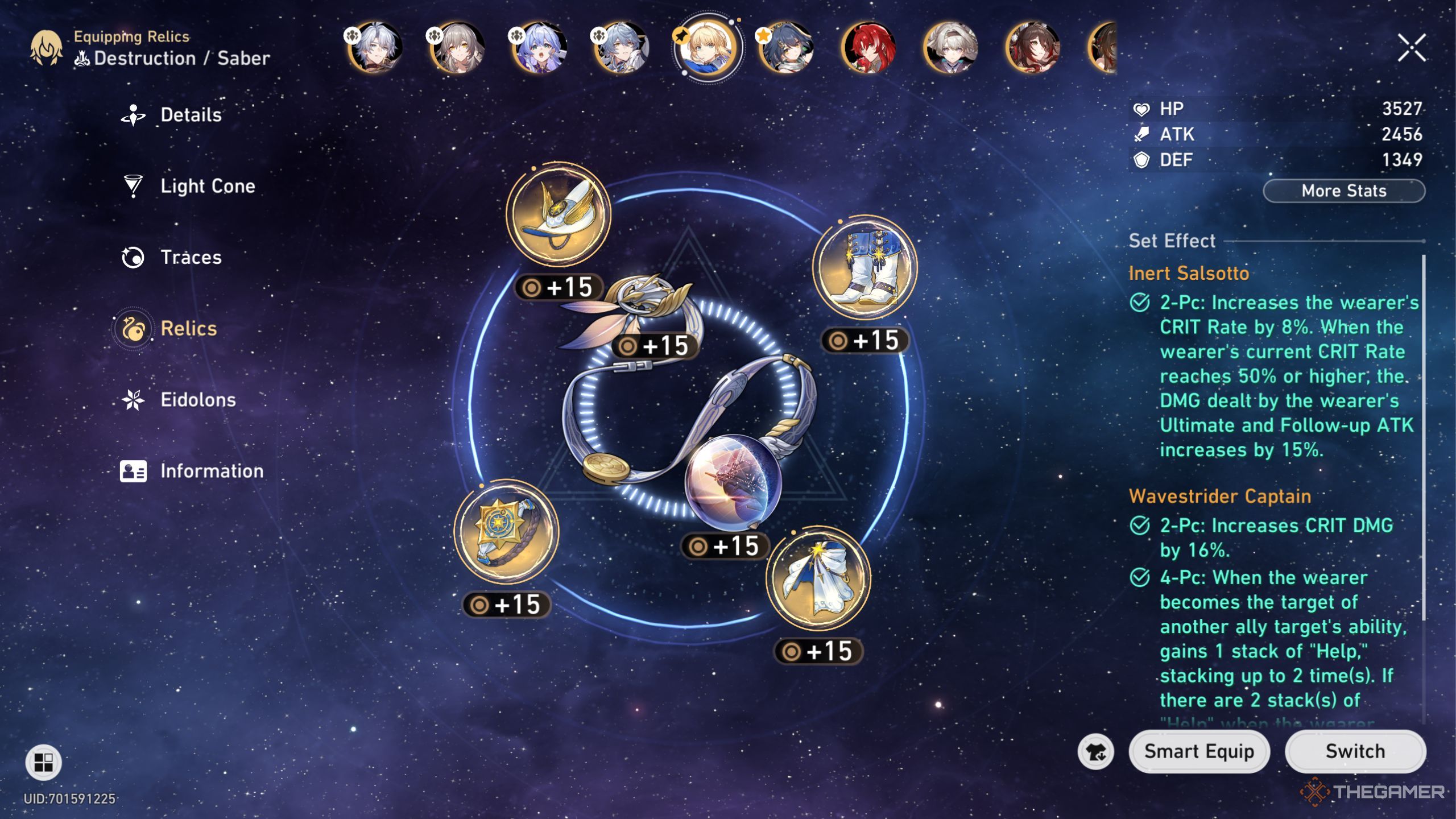 Honkai Star Rail Saber relic and planar ornament screen.