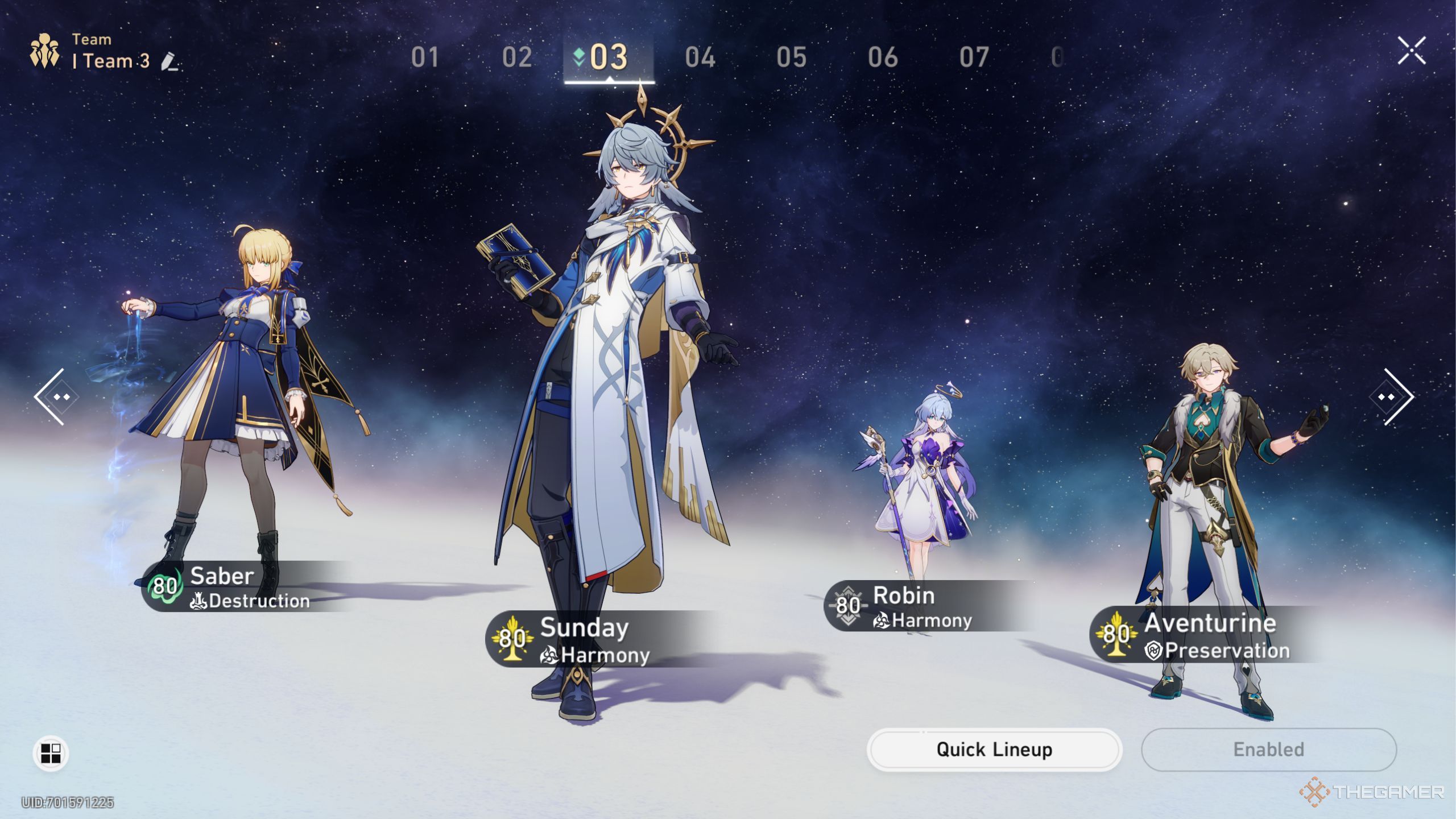 Honkai Star Rail Saber team with Sunday, Robin, and Aventurine.
